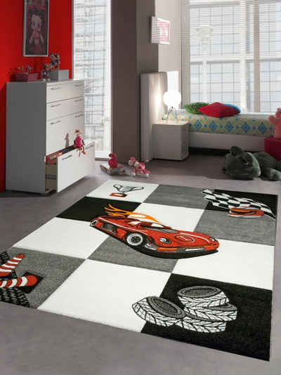 Kinderteppich Kinderteppich Spielteppich Jungen Kinderzimmerteppich Auto Rennwagen rot schwarz, Carpetia, rund, Höhe: 13 mm