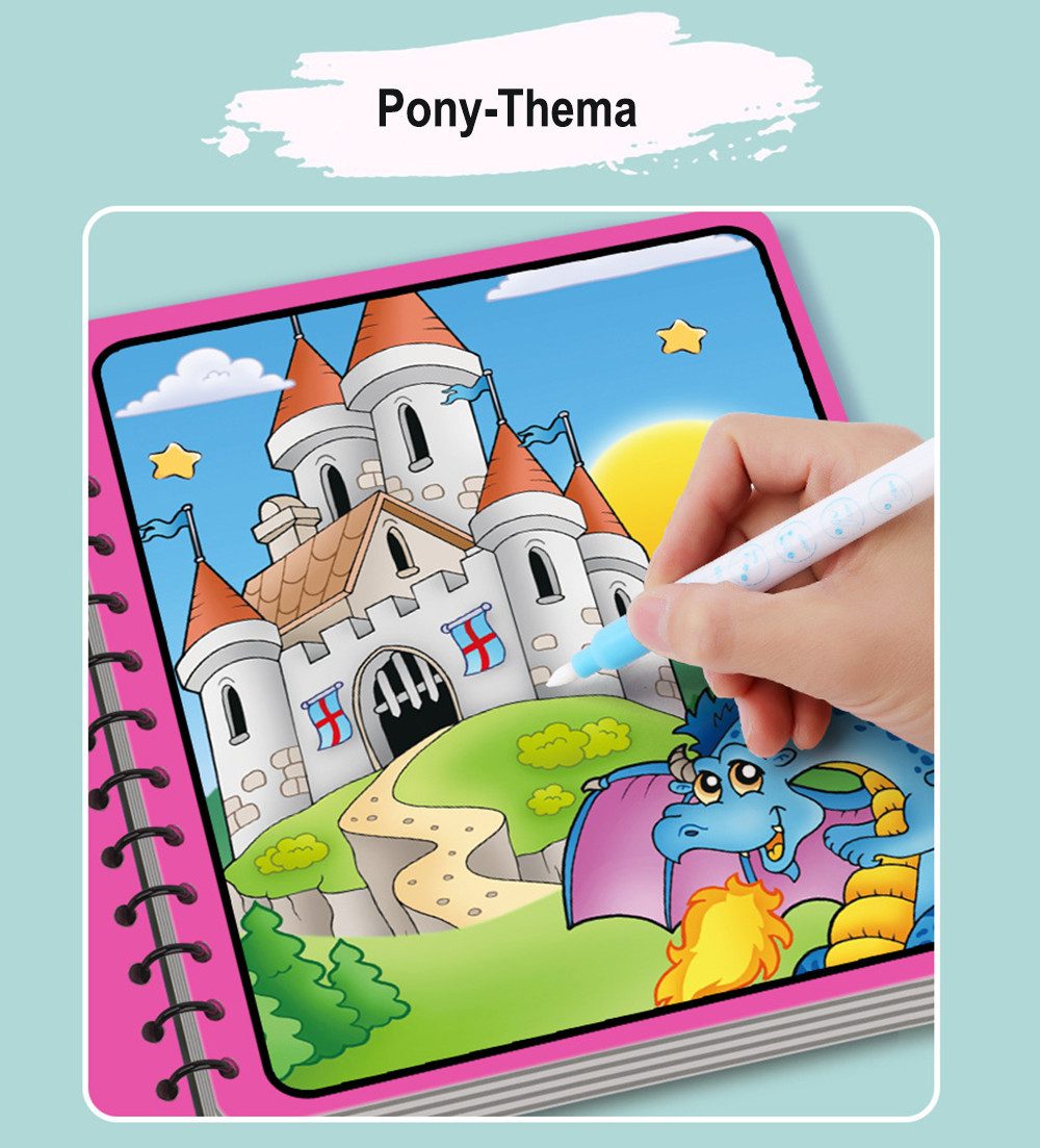 Zaewry Malvorlage Malbuch für Kinder - 6 Stück verschiedene Themen Malvorlagen (6-St), Zauber-Malbuch mit Wasserstift, wiederverwendbares Magic