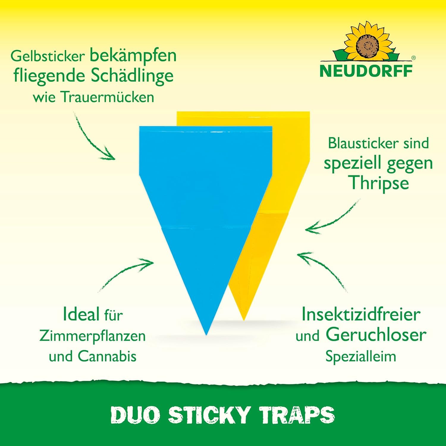 Neudorff Insektenfalle Duo Sticky Traps je 10 Gelbsticker und Blausticker, Gelb- und Blausticker mit Farbwirkung gegen Pflanzenschädlinge