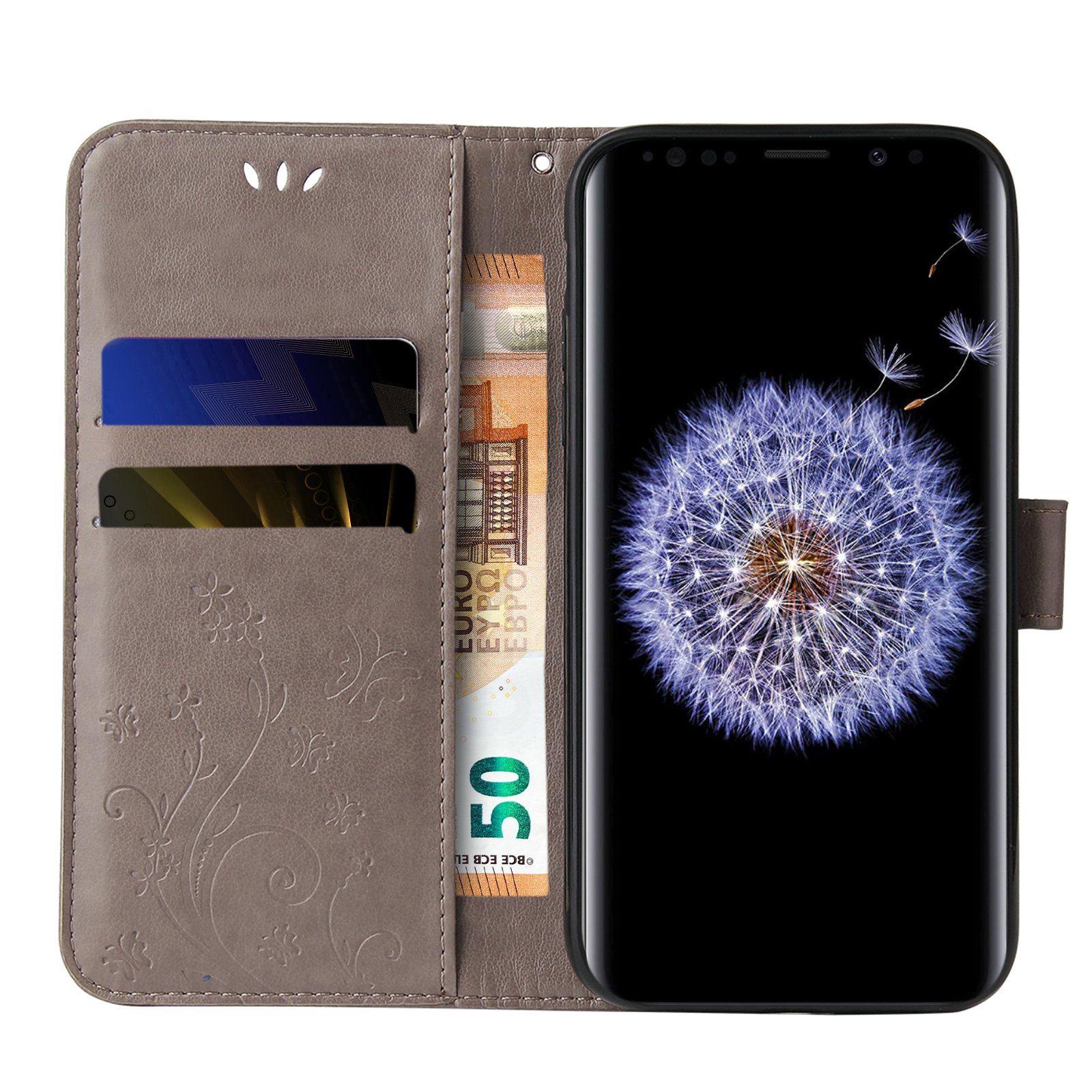 Tec-Expert Handyhülle Cover Tasche Hülle für Samsung Galaxy S9 5,8 Zoll, Klapphülle Case mit Kartenfach Fliphülle aufstellbar, Motiv Blumen