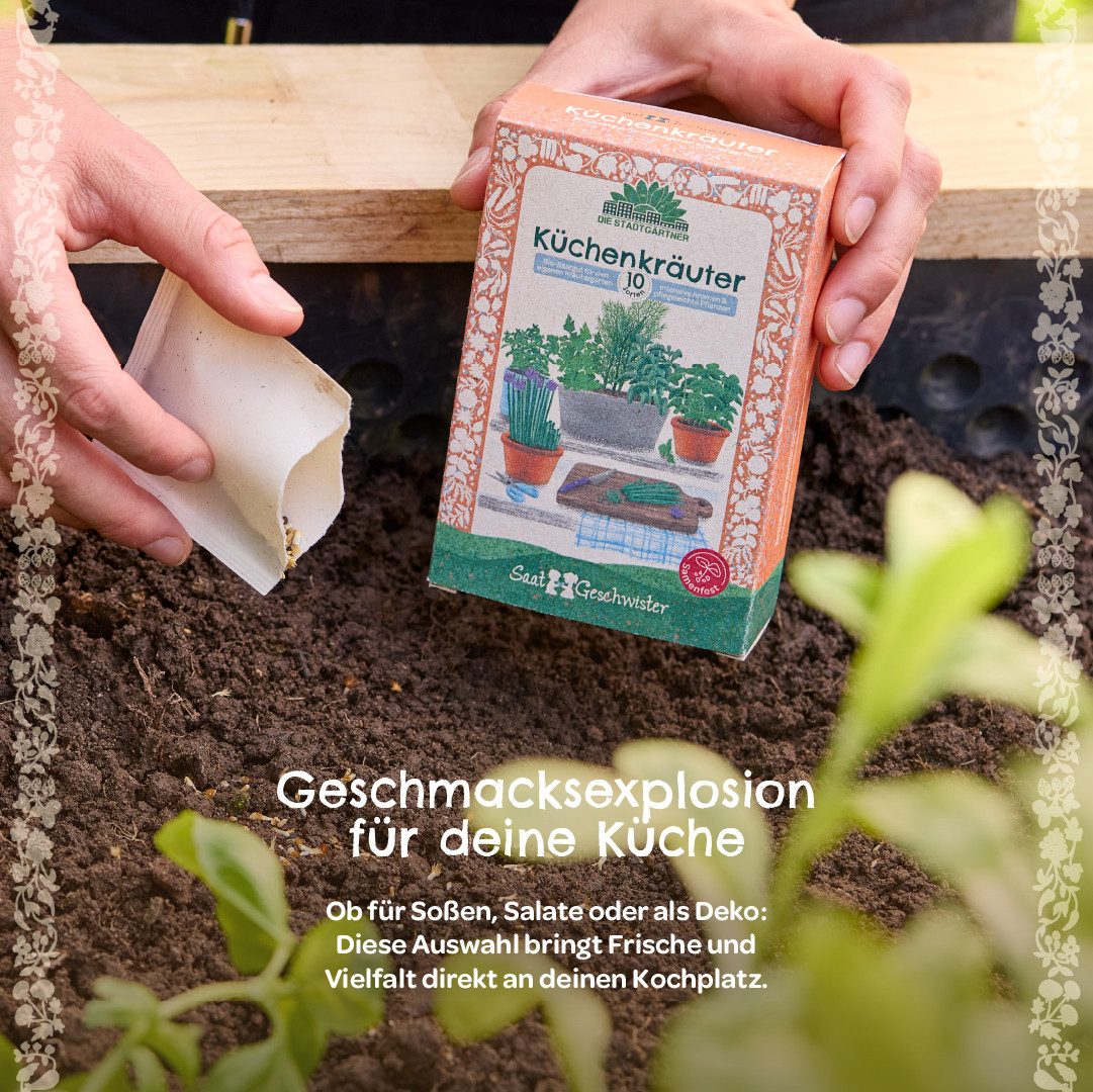 Die Stadtgärtner Kräutersamen Saatgut-Set Küchenkräuter mit 10 BIO-Sorten, Tolles Garten-Geschenk, Samenfest, Ohne Gentechnik, Laborgeprüfte Keimrate