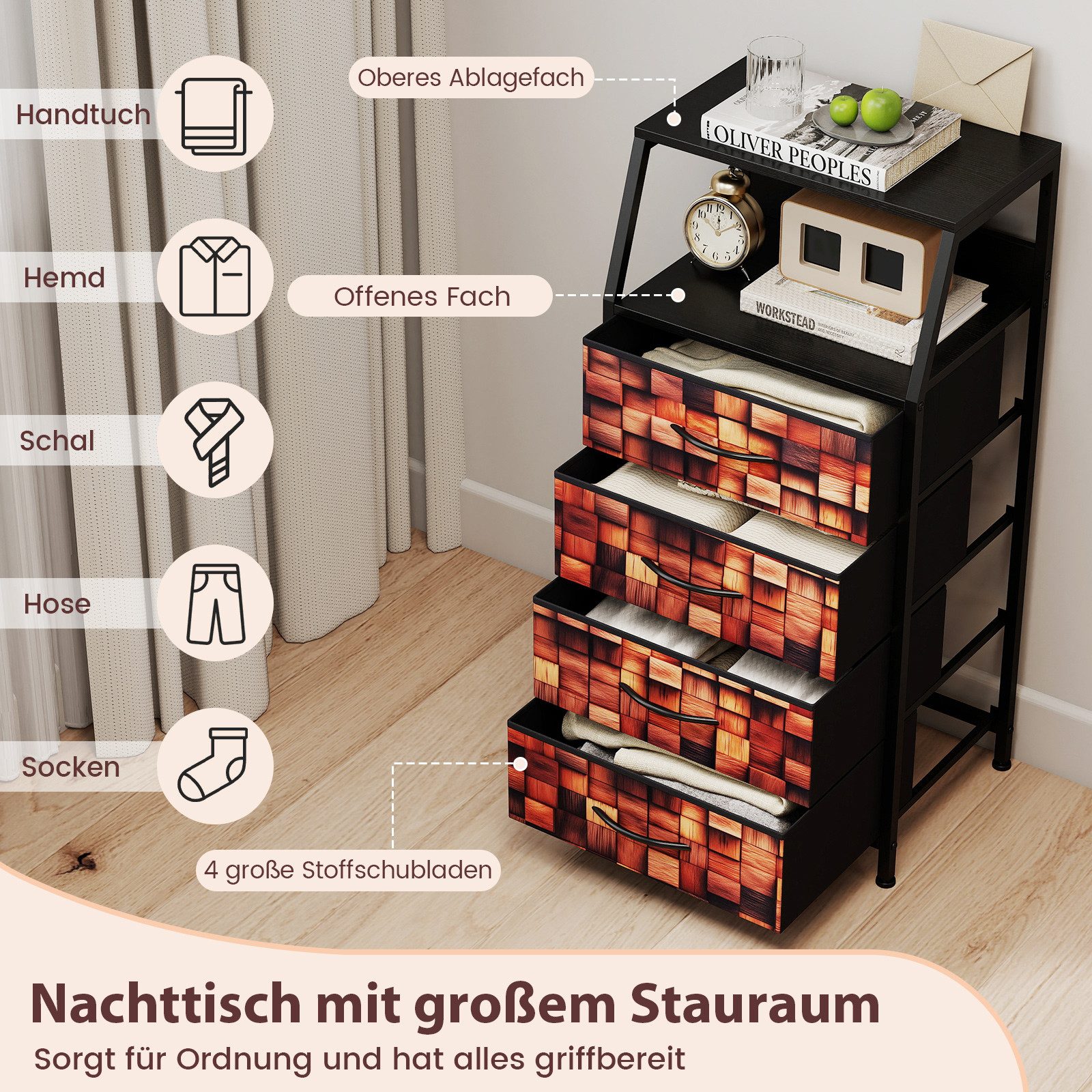 COSTWAY Nachttisch mit 4 Stoff-Schubladen & offenem Fach, Beistelltisch 40x29x83cm