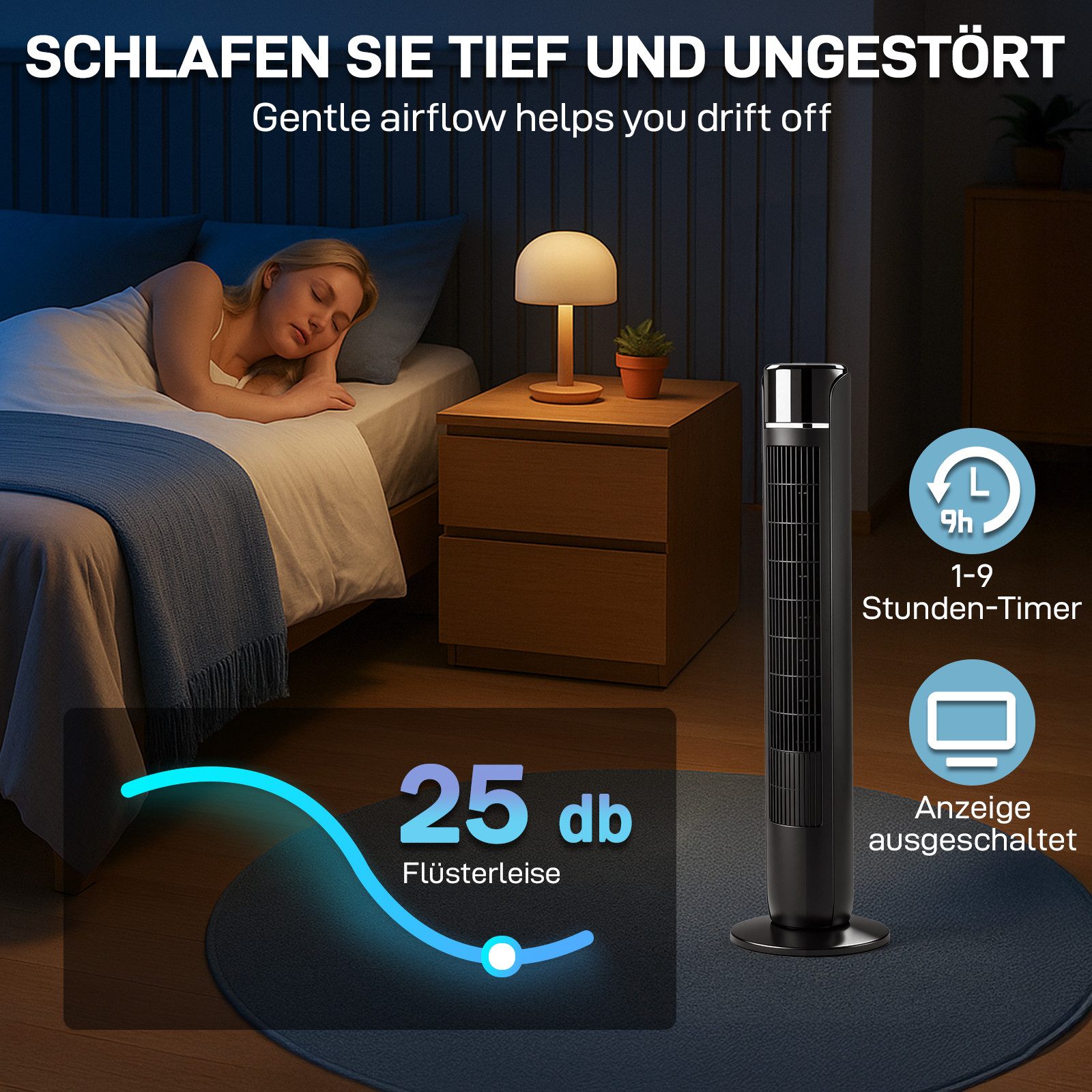 LALAHO Standventilator Schlafzimmer-Turmventilator, oszillierender Standventilator, 40W, Fernbedienung, Timer-Funktion, LCD-Touchscreen-Bedienung