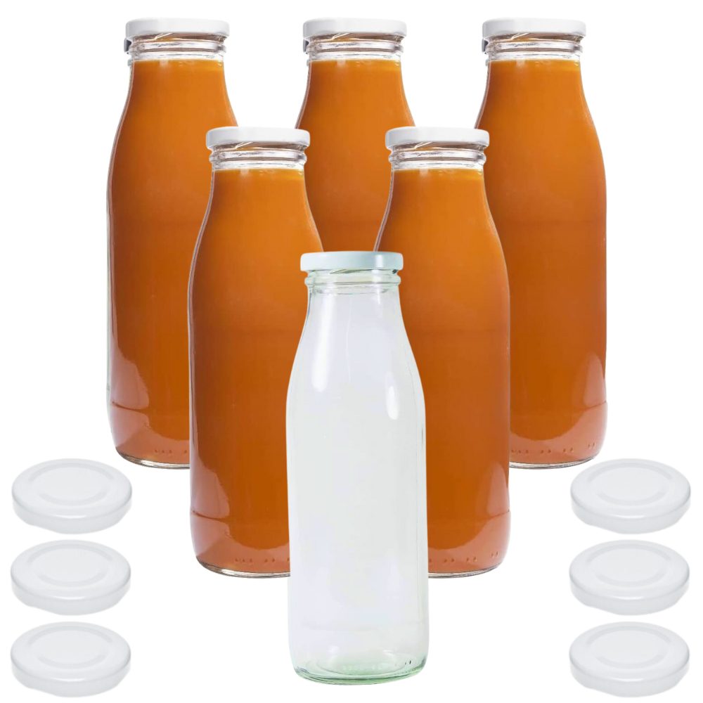 Trinkflasche 6er Set Milchflaschen 500 ml mit Schraubdeckel plus 6 Erssatzdeckel