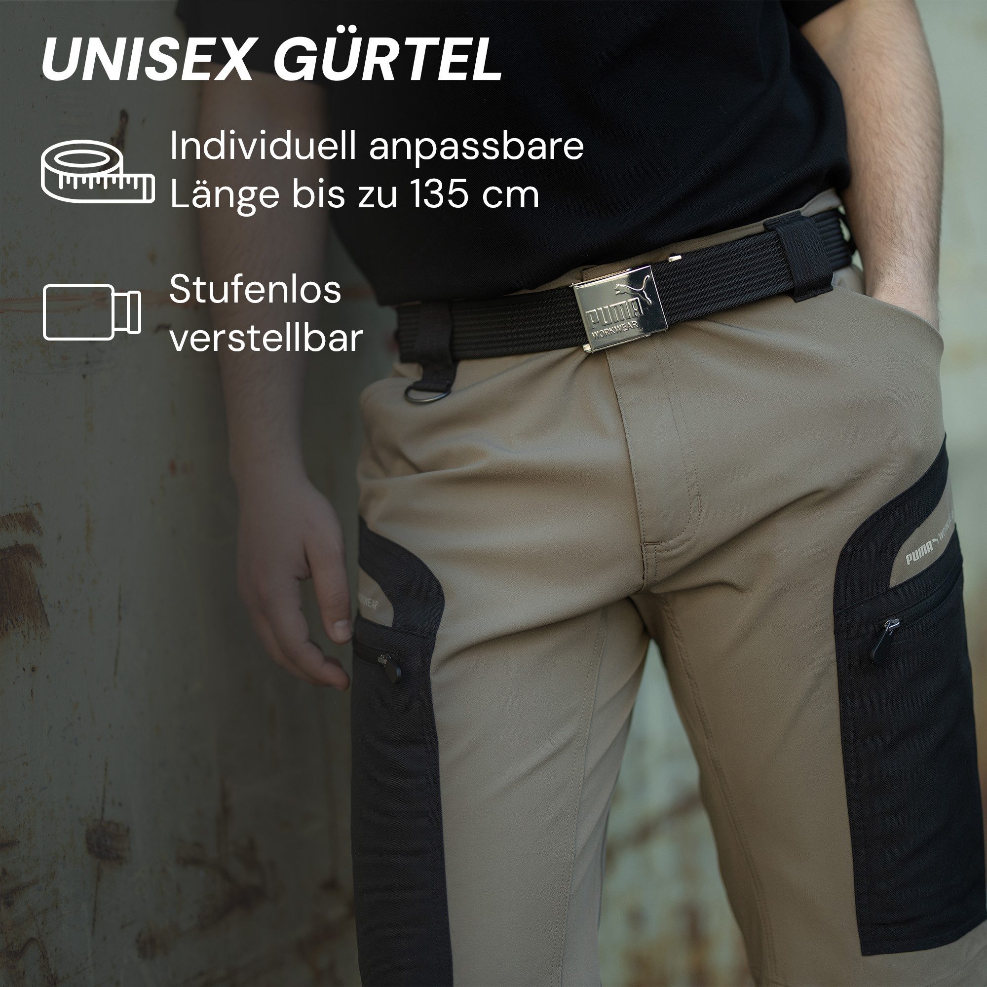PUMA Workwear Stoffgürtel - Herren Gürtel für Arbeit & Freizeit Stufenlos Verstellbar - Ohne Löcher - Robust - Länge: 135cm, kürzbar