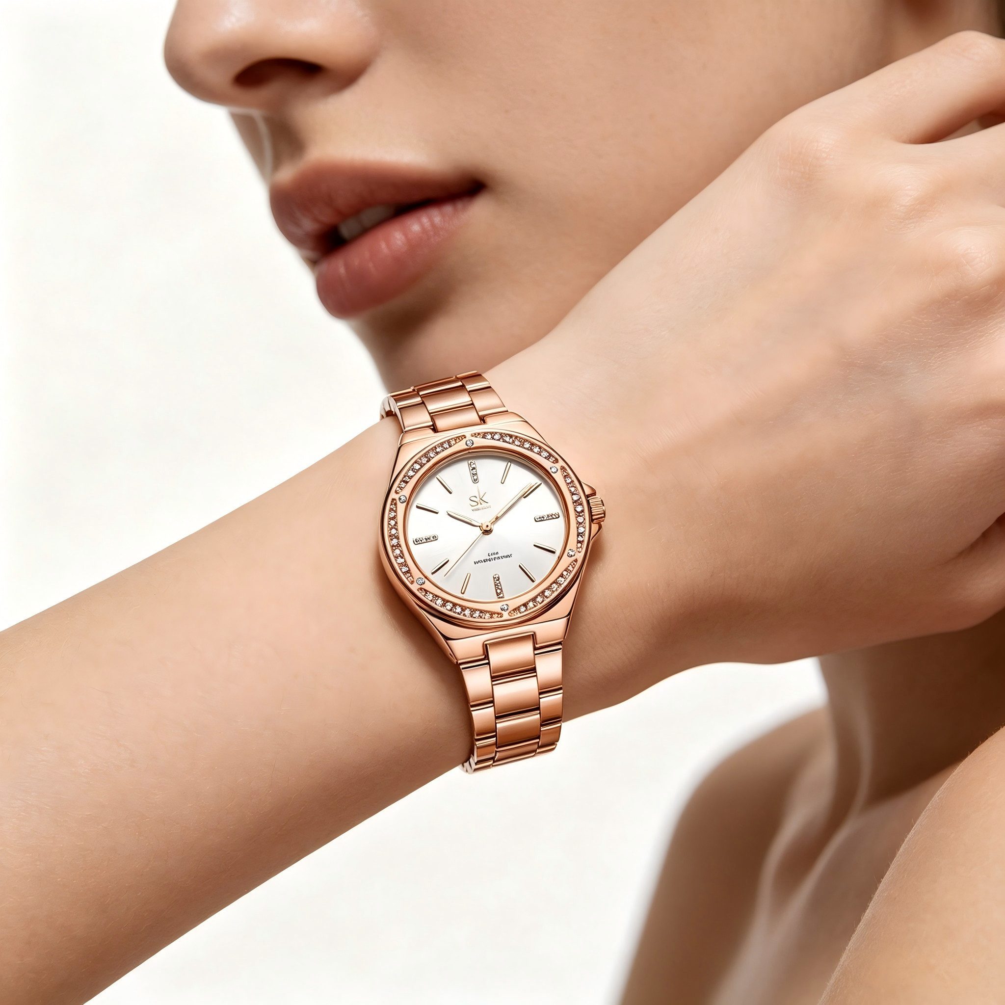 ibettertec Quarzuhr Armbanduhr Damen, Mit Kristallen besetzt, Modern & edel, (Packung, 3ATM wasserdicht, Elegant, Zeitlos, Geschenk für Frauen), Roségold Uhr, Uhr mit Kristallen, Runde Uhr, Edelstahlarmband