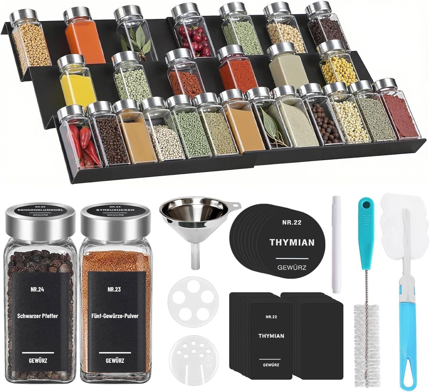 ElitVita Gewürzstreuer Gewürzgläser Eckig, mit 24 Gewürzdosen, Etiketten Pinsel Trichter, (24-tlg), mit Gewürzregal, Zwei Deckeltypen, für Küche