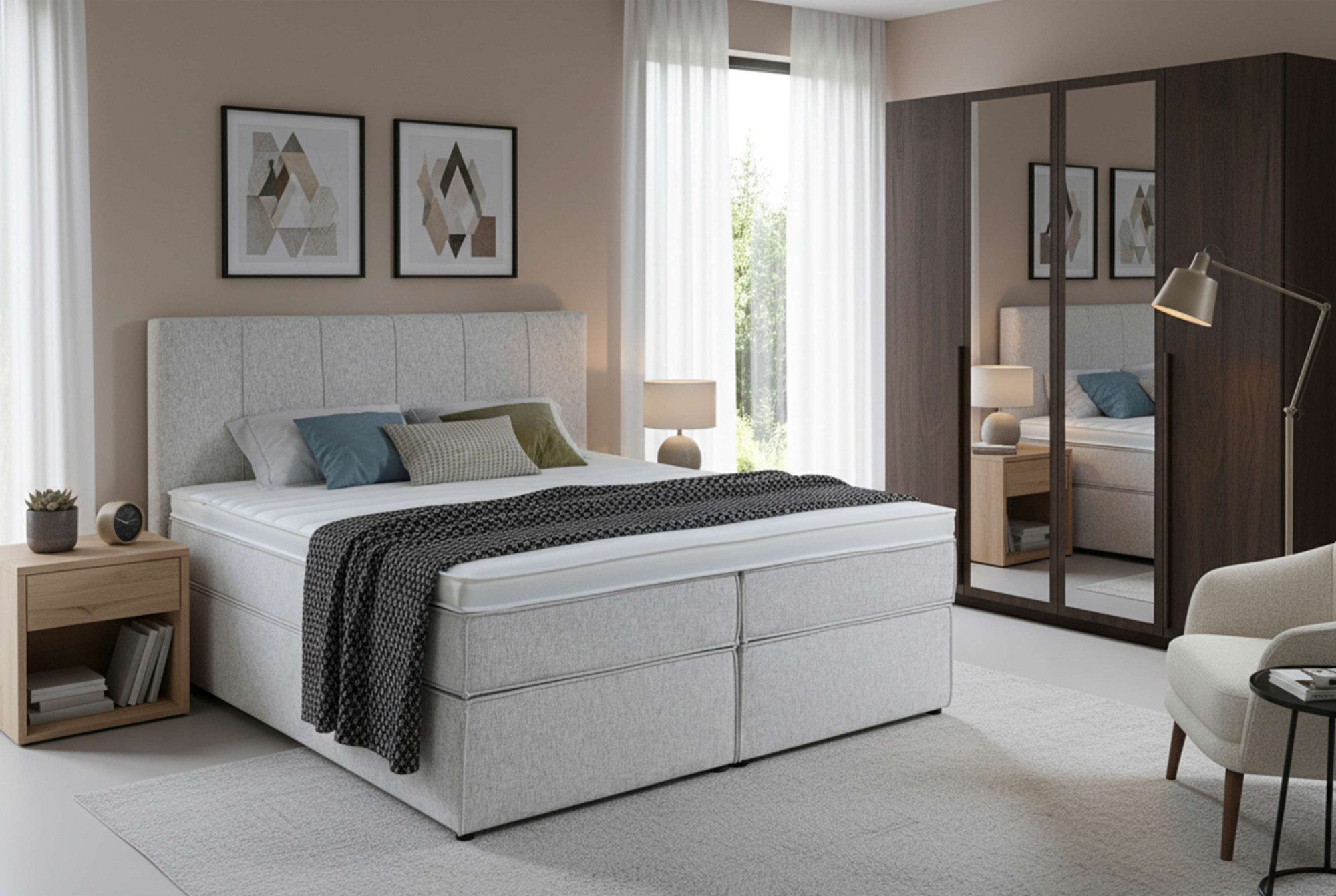 Home affaire Boxspringbett Leon, Doppelbett, Polsterbett, Federkernbett, Komfortbett, 160, 180 cm, inkl. 9 cm Topper, 5-Zonen-Taschen-Federkernmatratze in H3