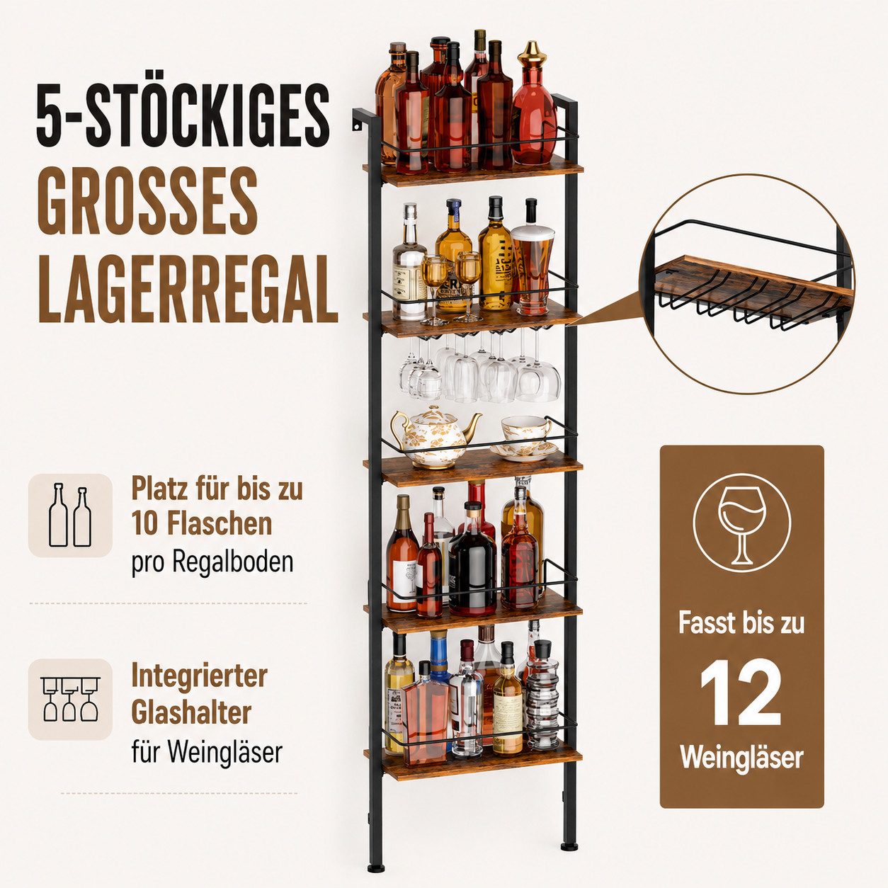 Yorbay Weinregal Flaschenregal mit 5 Ebenen, freistehendes Barregal, für bis zu 50 Flaschen,43,3 x 20 x 173,0 cm, mit Weinglashalter, LED-Beleuchtung & Metallum – Bild 5 von 5