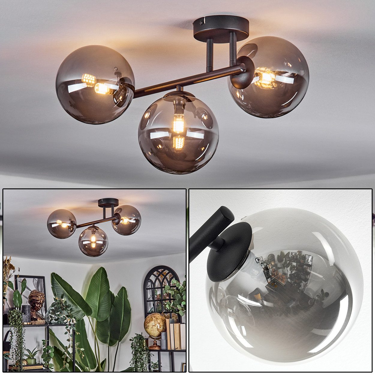 hofstein Deckenleuchte Deckenlampe aus Metall/Glas in Schwarz/Rauchfarben, günstig online kaufen