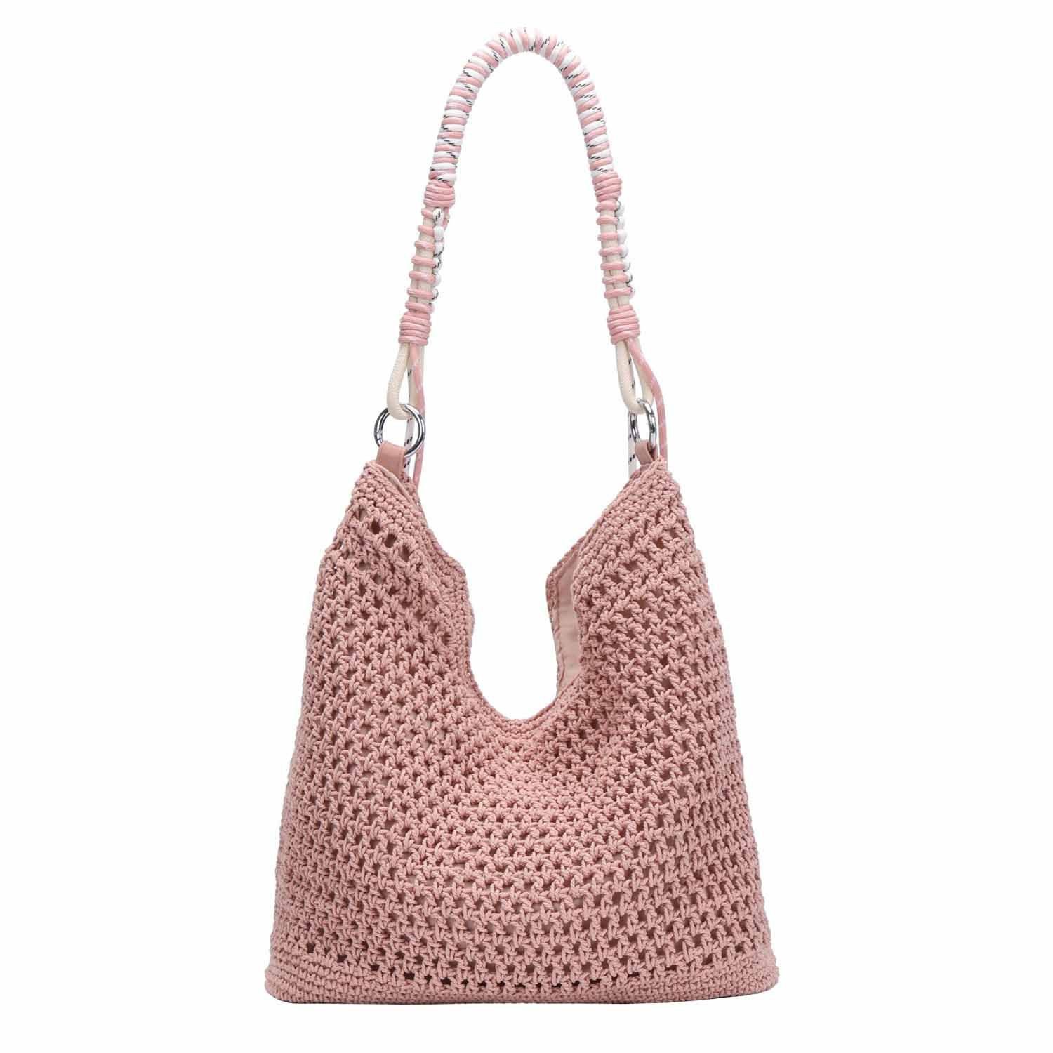 ITALYSHOP24 Schultertasche DAMEN TASCHE Hobo Shopper Häkeltasche Boho Geflecht Freizeit Urlaub, Sommer Basttasche Strand Reise Beuteltasche Stroh Handtasche Kordel
