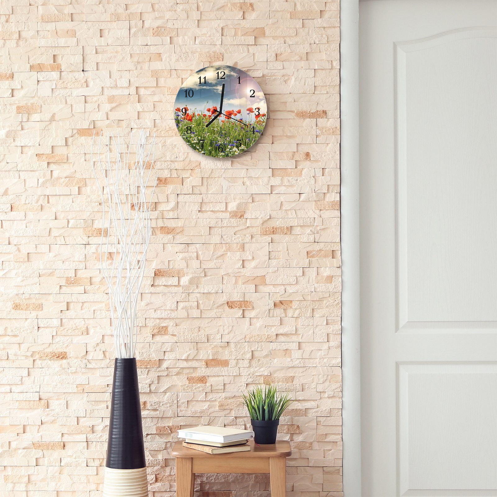 Primedeco Wanduhr Blütenwiese und Wanduhr mit aus Durchmesser Rund mit Motiv - cm 30 Quarzuhrwerk Glas