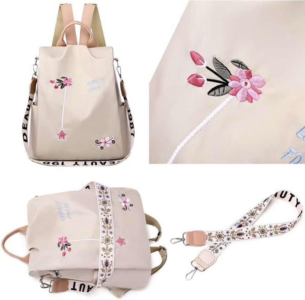 XDeer Daypack Damen-Rucksack mit Blumenstickerei,Wasserdichte Schultasche (Set),täglicher Reise-Anti-Diebstahl-Schulterrucksack mit hoher Kapazität