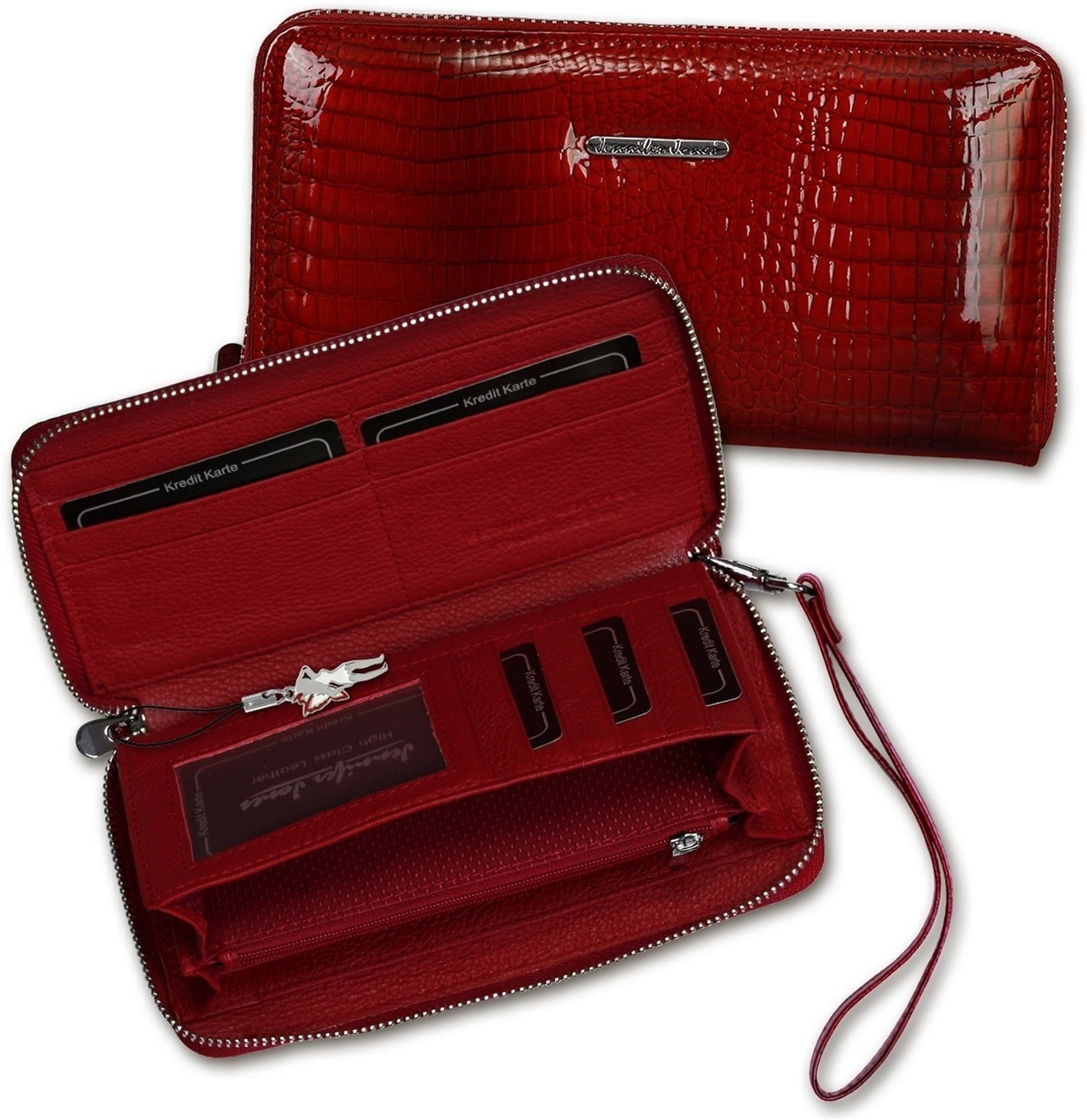 Jennifer Jones Clutch Jennifer Jones Leder Geldbörse RFID (Portemonnaie), Damen Geldbörse, Tasche aus Leder, Größe ca. 19cm in rot