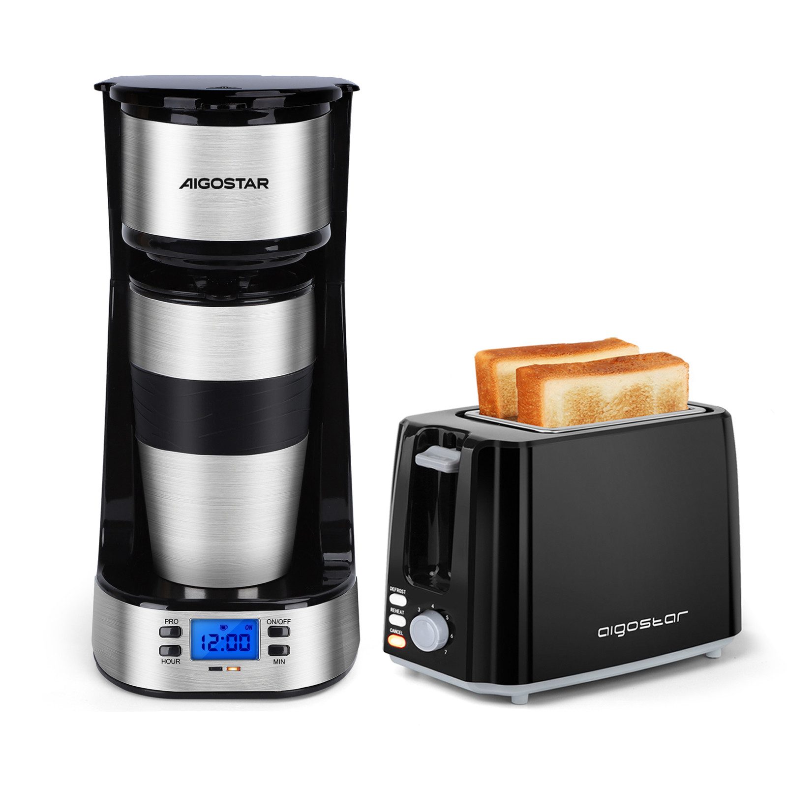 Aigostar Frühstücks-Set Kaffeemaschine mit Thermobecher, 420 ml/2-Scheiben Langschlitz Toaster, 24h-Timer, LCD-Anzeige, AutoClean-Funktion