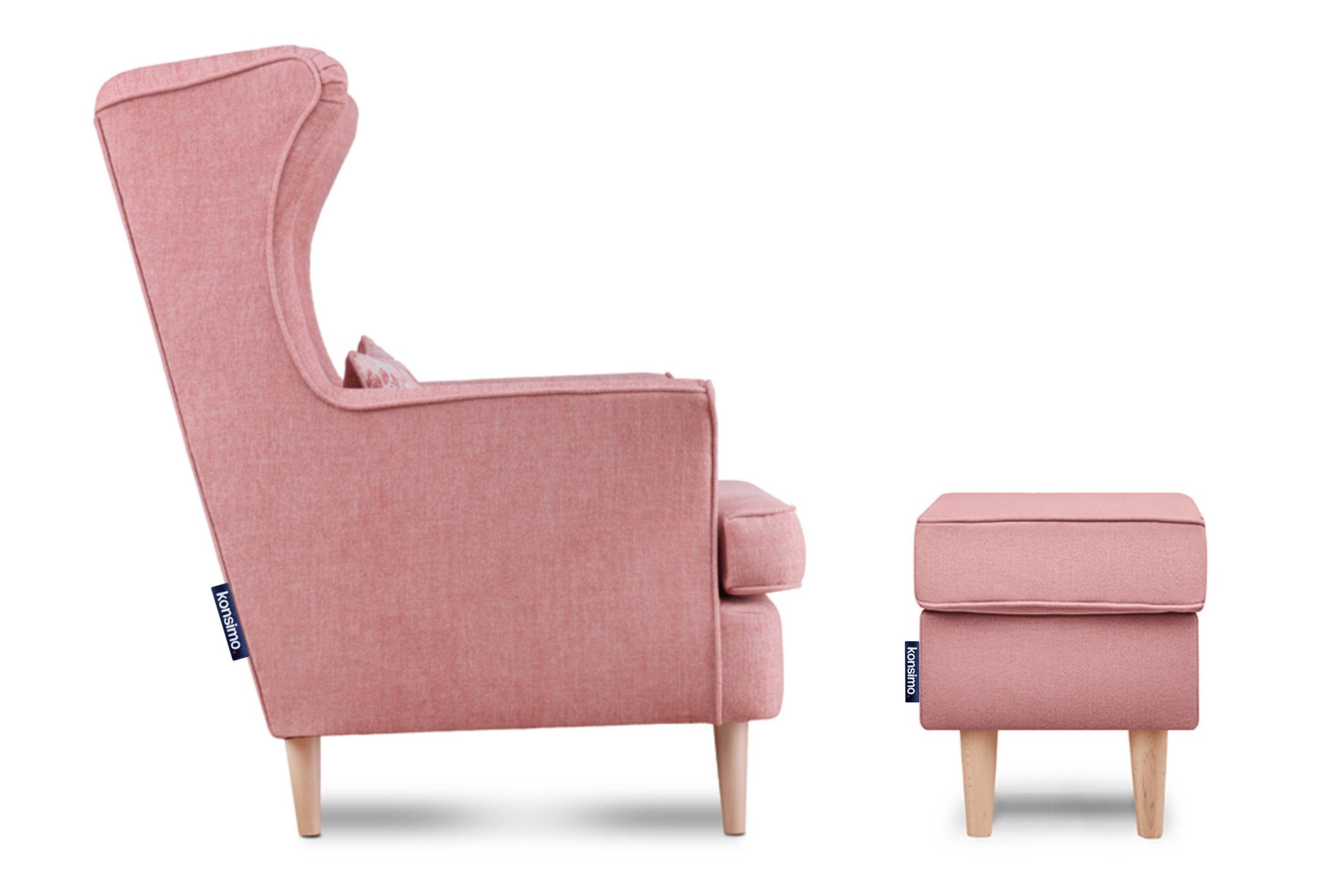 Sessel Füße, zeitloses mit Hocker, Design, Kissen Ohrensessel STRALIS hohe inklusive Konsimo dekorativem