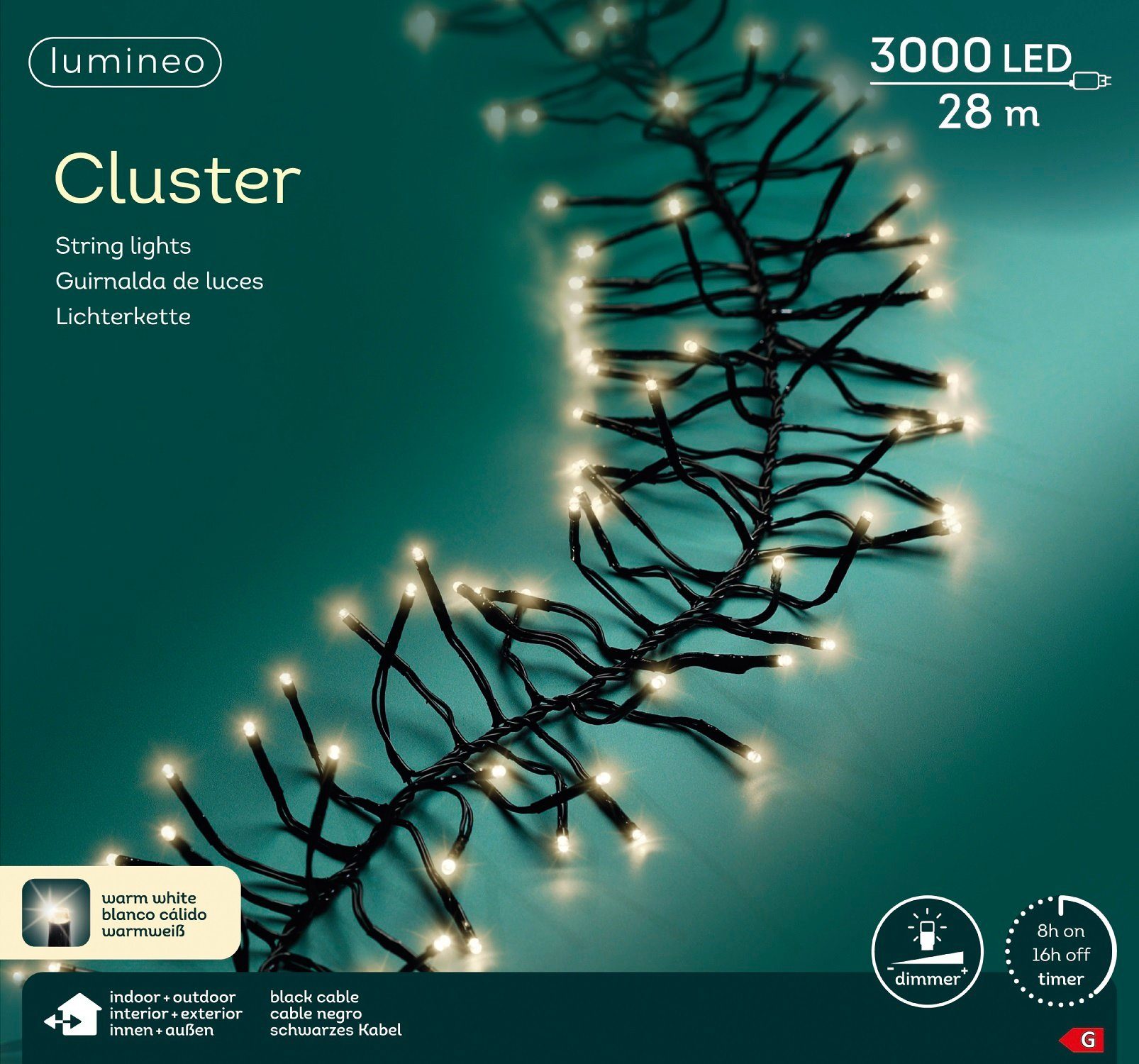 Lumineo LED-Lichterkette Lumineo Lichterkette CLUSTER 3000 LED 28 m warm weiß, schwarzes Kabel, Indoor/Outdoor, dimmbar, 8h-Timer, + 5 m Zuleitung