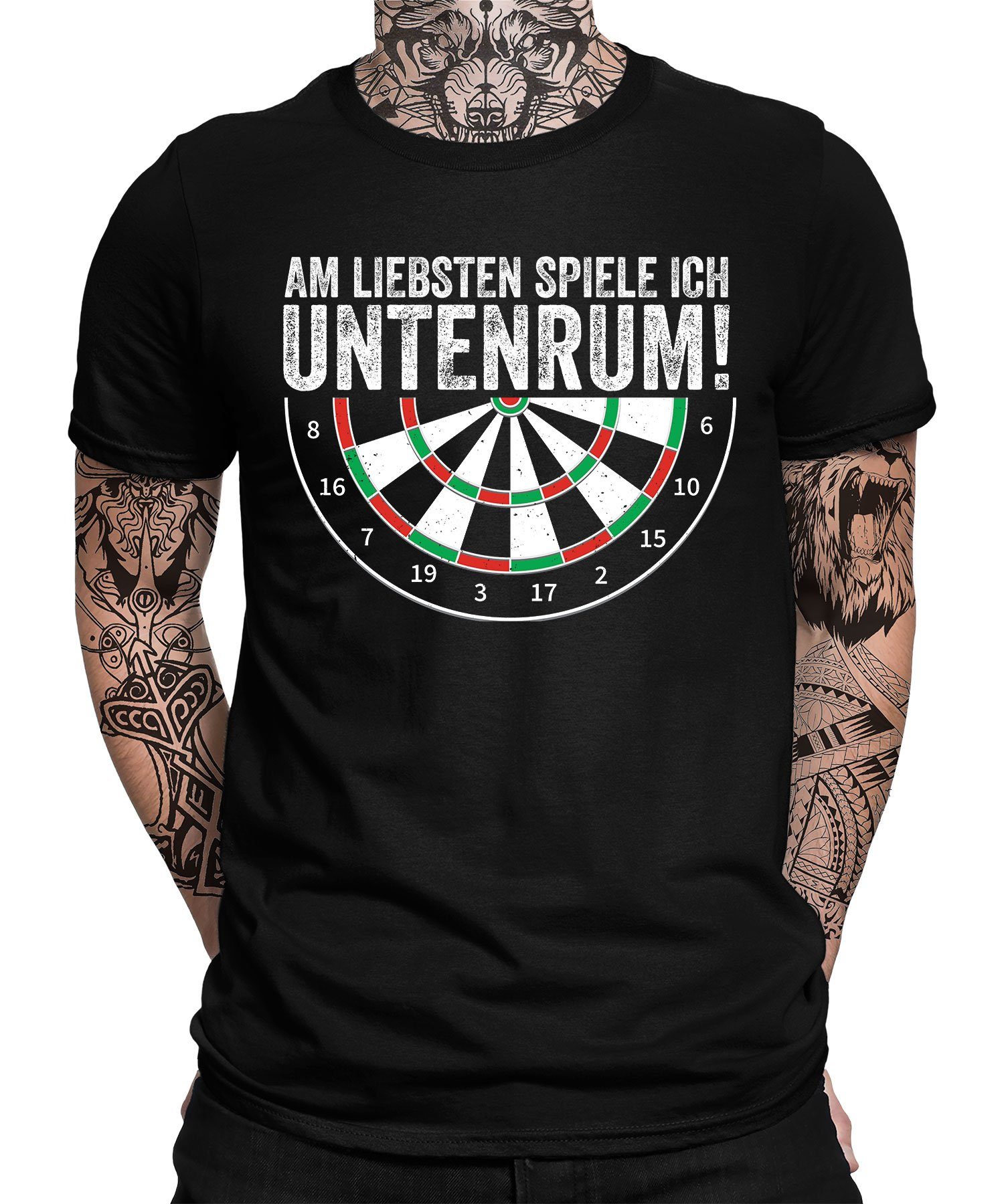 Untenrum Dartscheibe Herren - Kurzarmshirt Quattro Dartpfeil Dart Formatee Schwarz T-Shirt (1-tlg) Dartspieler