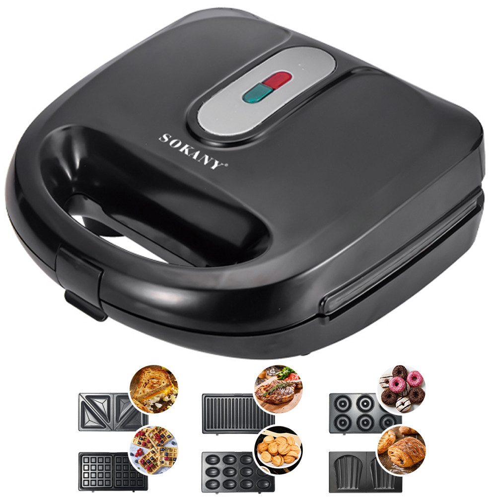 SOKANY Sandwichmaker 6-in-1 Waffel/Panini/Donut Maker, Antihaftbeschichtung, 750 W