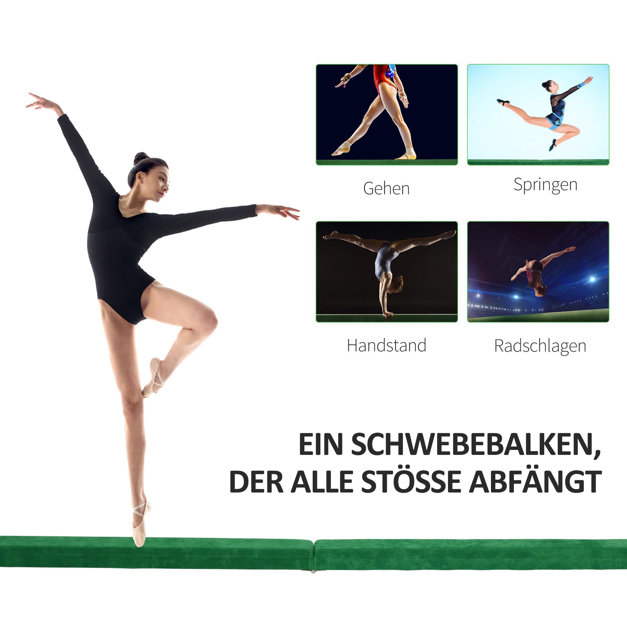 HOMCOM Balancetrainer 210 cm Schwebebalken klappbar Turnbalken Indoor Outdoor, bis 120 kg, 210 x 10 x 6,5 cm, Grün
