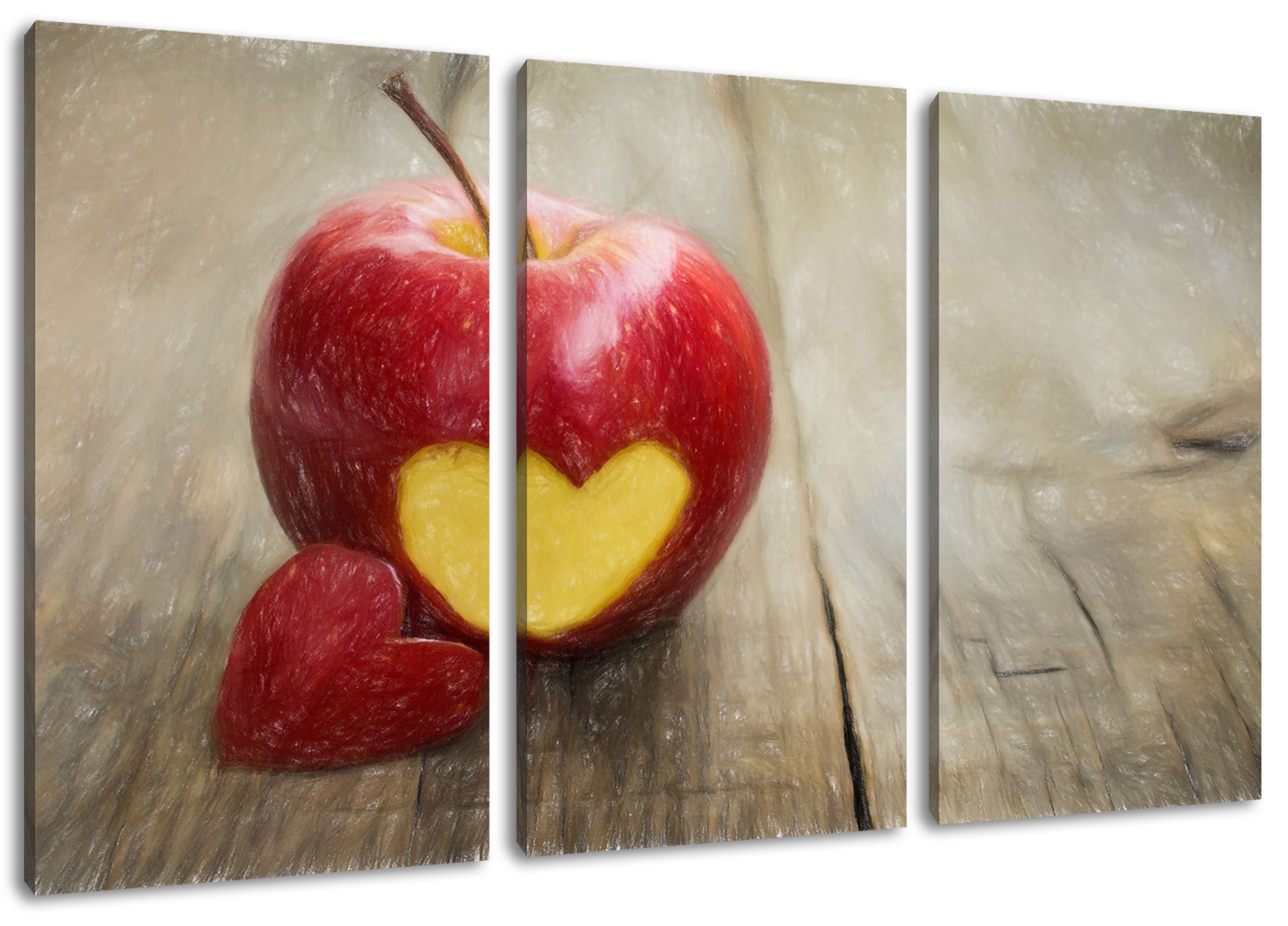 inkl. Zackenaufhänger Apfel, (120x80cm) Leinwandbild in in 3Teiler bespannt, Pixxprint Apfel Herzschnitzerei St), Herzschnitzerei Leinwandbild (1 fertig