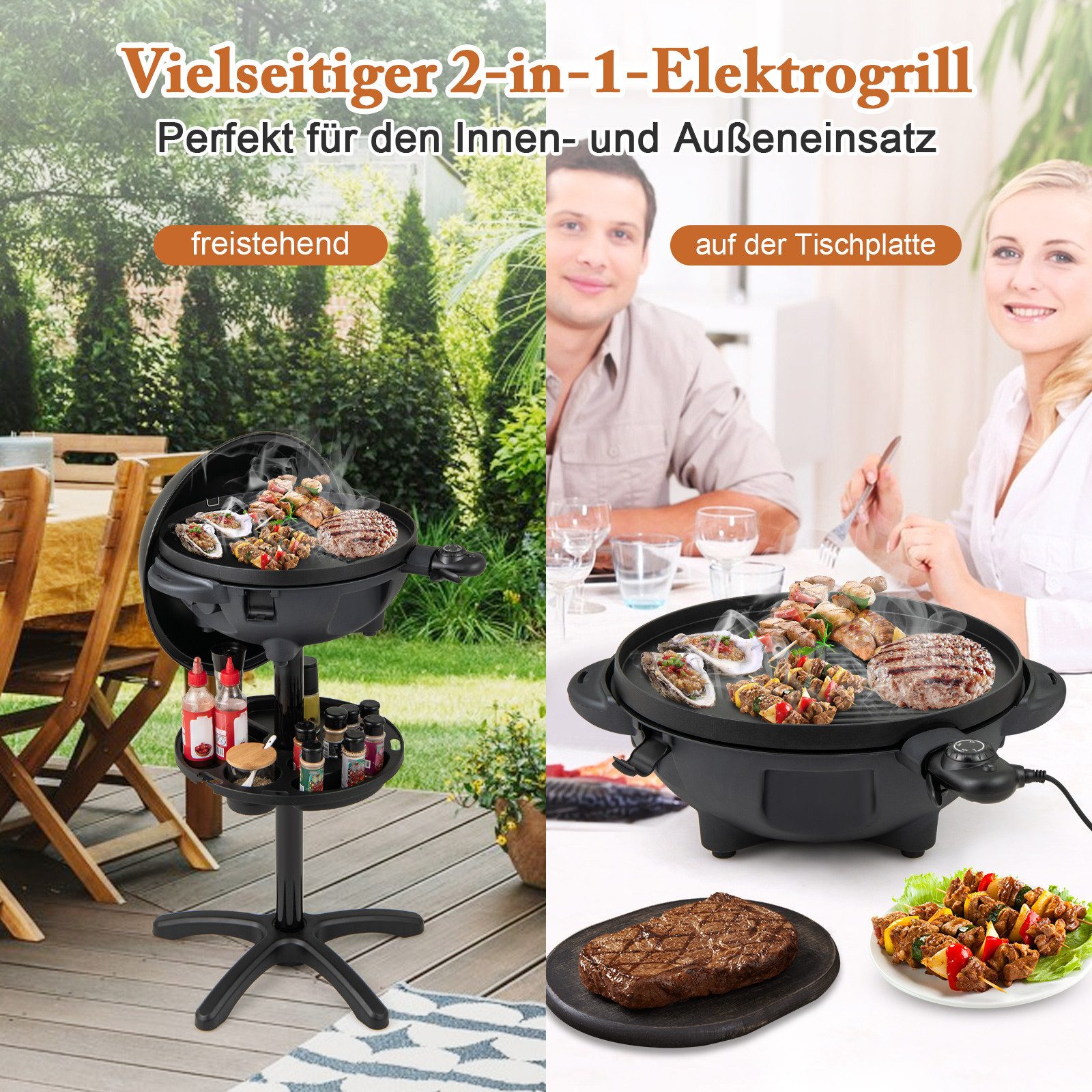 COSTWAY Elektro-Standgrill XXL bis 315°C, 2400 W, 2-in-1 Ganzen/separat