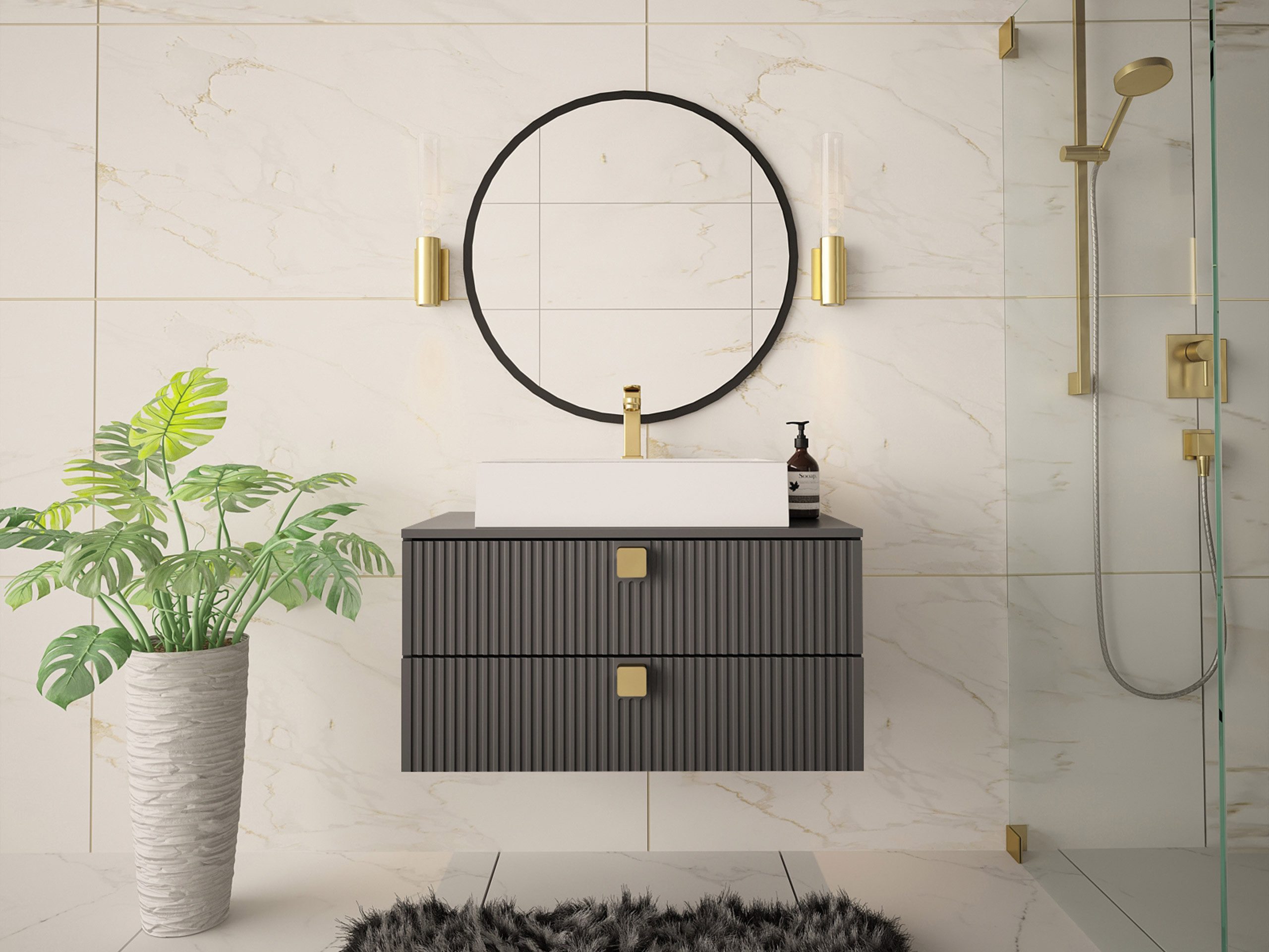 MIRJAN24 Раковиныschrank Gariano 01 (mit Siphon, Keramik Раковины) Griffe in der Farbe Gold