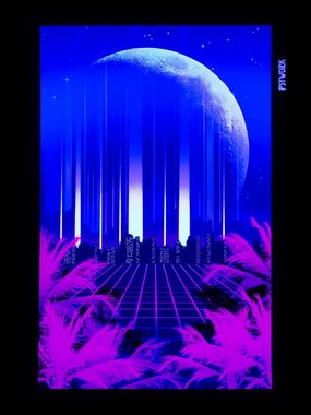 PSYWORK Poster PSYWORK Schwarzlicht Stoffposter Neon "Vaporware 80 Skyline", 30x45cm, UV-aktiv, leuchtet unter Schwarzlicht