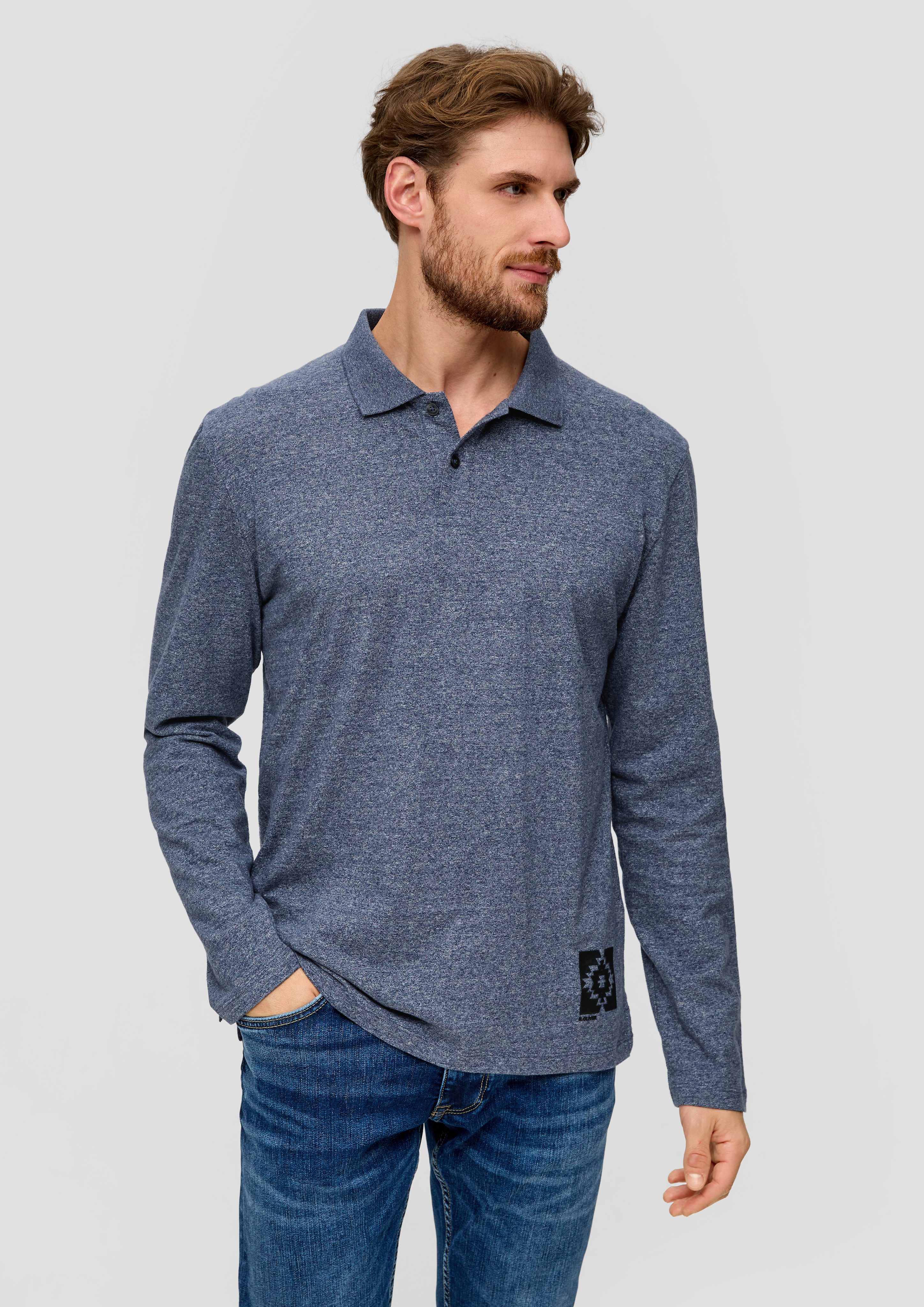 s.Oliver Langarmshirt Polo-Shirt mit gummiertem Print-Detail dunkelblau