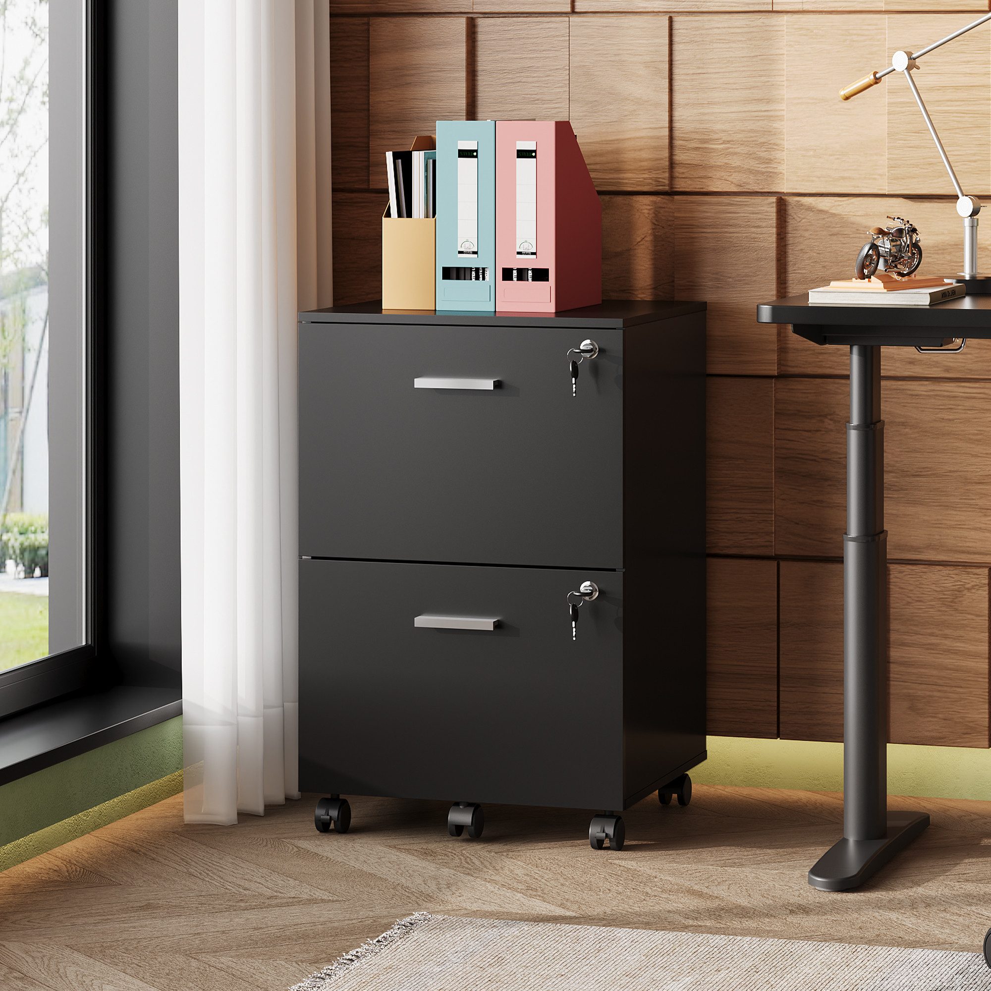 DEVAISE Rollcontainer mit Schubladen, Aktenschrank abschließbar für DIN A4/Legal/Letter, Büroschrank mit Rollen, Druckerständer, Schwarz, 44×40×68 cm