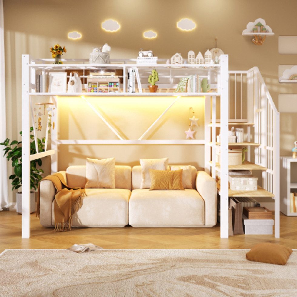 Ulife Hochbett Metallbett, Ablage mit Stufen, Gitterelemente, Aufbewahrungskorb (2-St) offener Stauraum unter dem Bett, mit LED-Lichtleiste