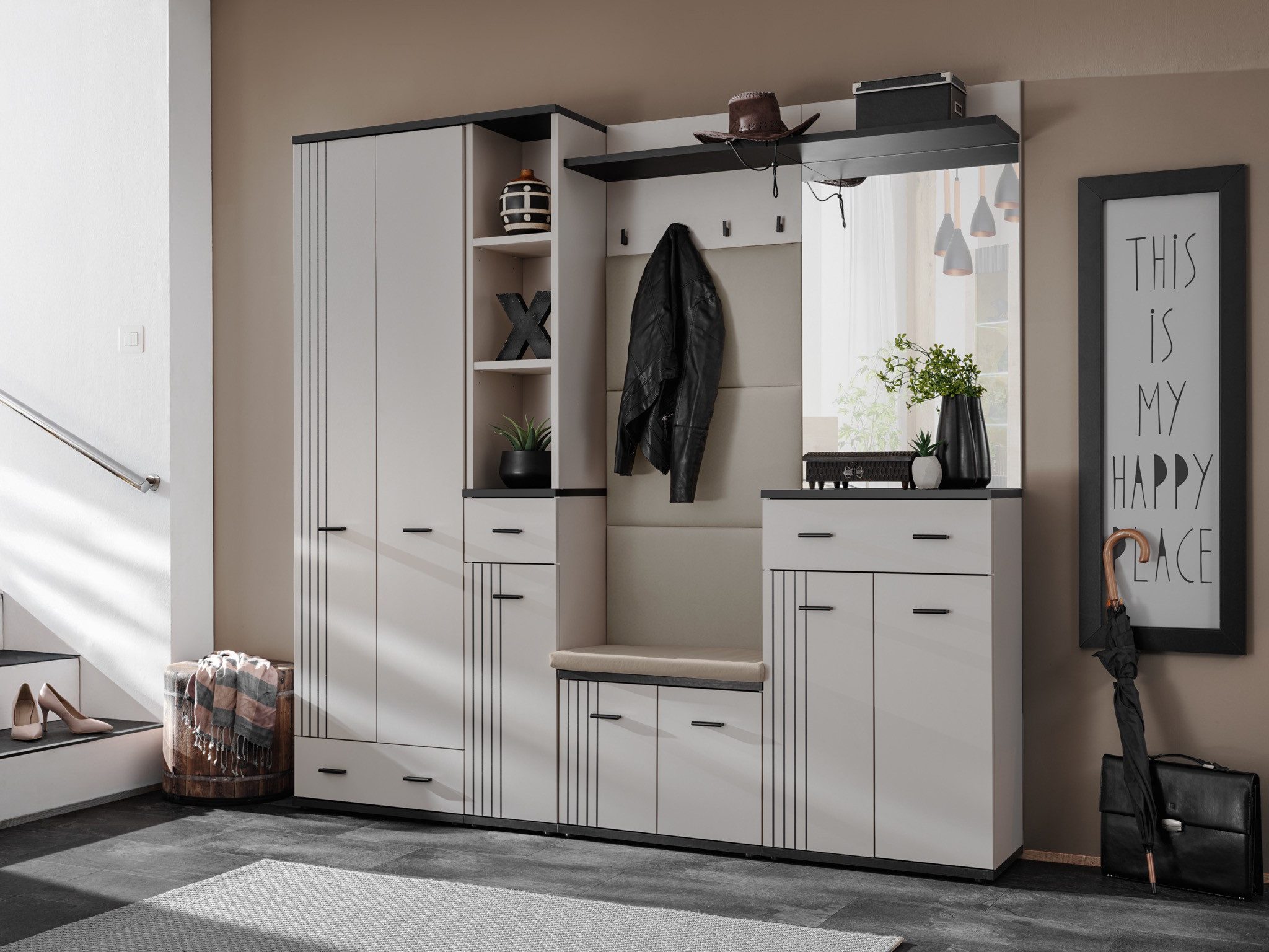 Garderoben-Set Flurgarderobe Schuhschrank HUGO VIII mit Sitzbank und Spiegel
