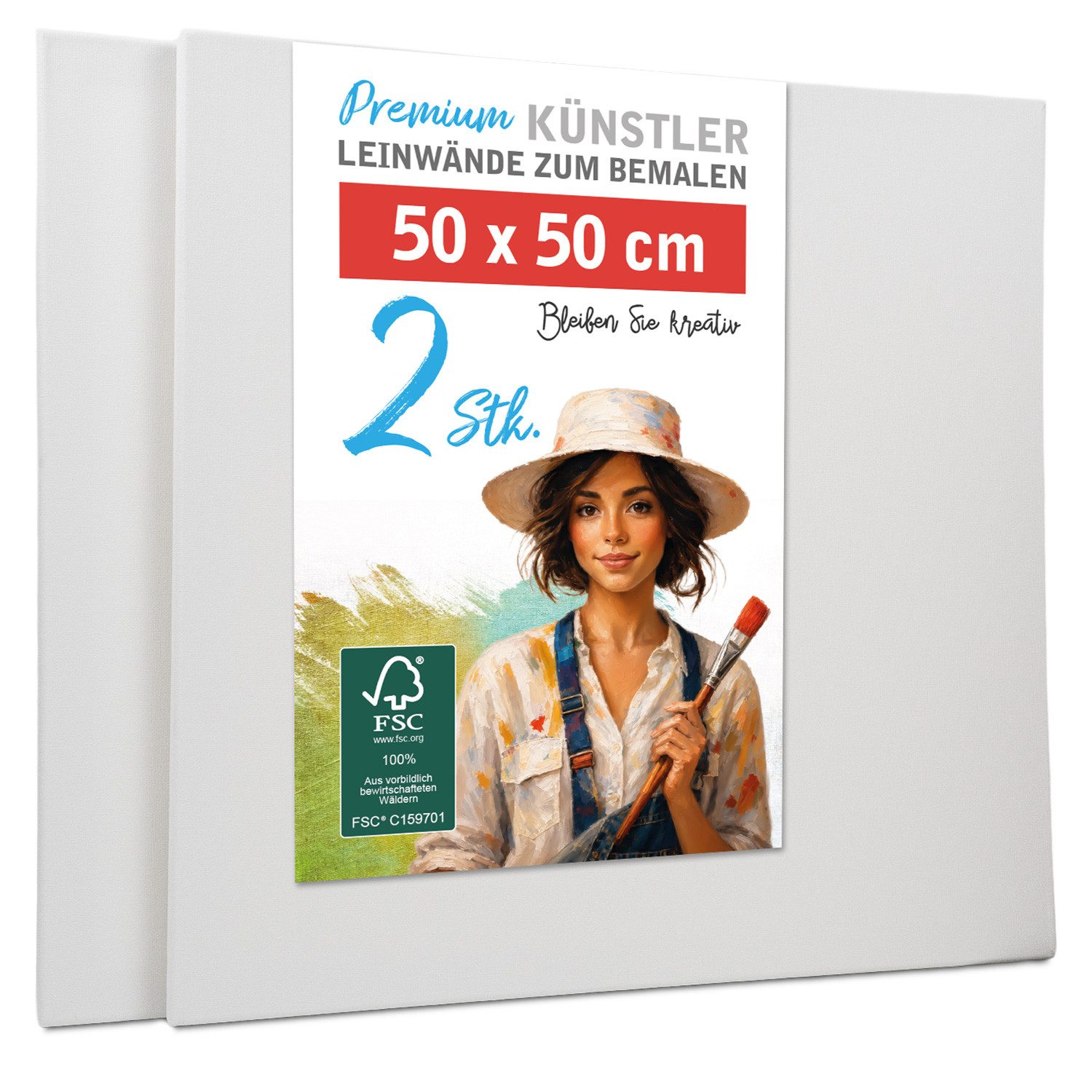 M MERCEO Leinwand Künstlerleinwand 50x50cm 2er Set - Weiße Leinwand zum Bemalen, zum Bemalen, Baumwolle, Keilrahmen, 280g/m, 2-fach weiß vorgrundiert