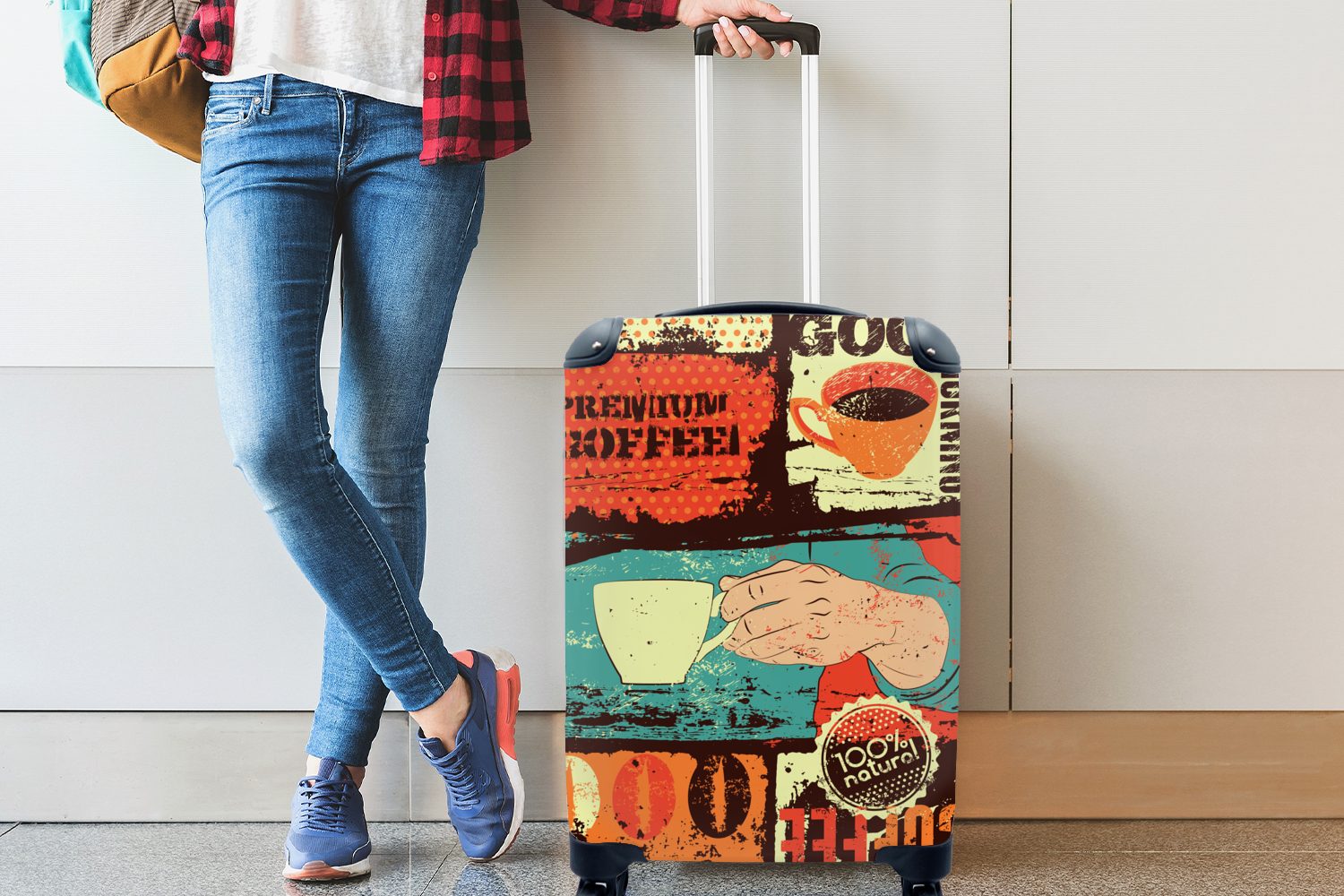 Rollen, Kaffee mit Reisetasche Vintage, Trolley, - 4 Collage Handgepäckkoffer rollen, für Ferien, Handgepäck - Reisekoffer MuchoWow
