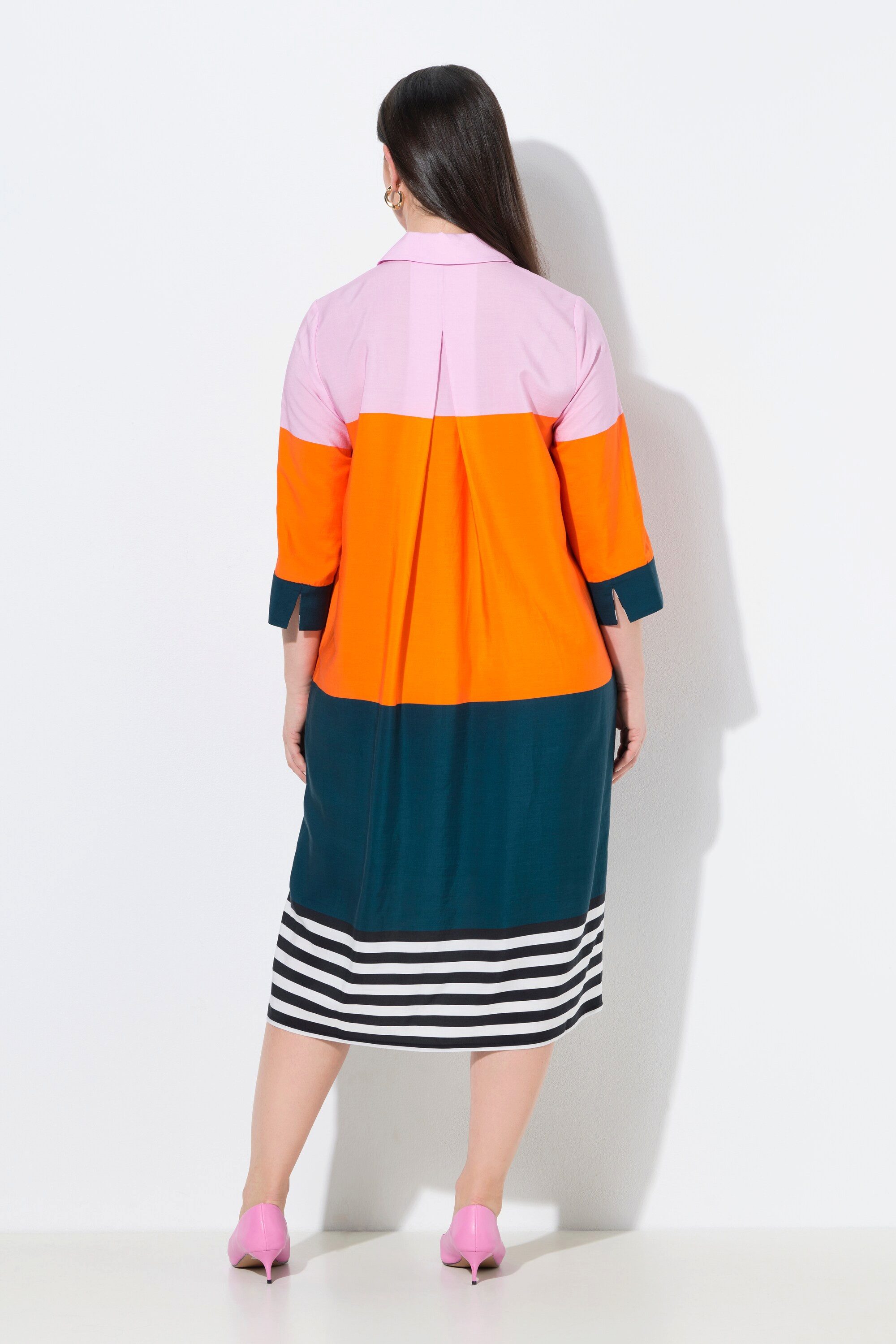 Ulla Popken Midikleid Lyocell-Midikleid Colorblocking Hemdkragen 3/4-Arm