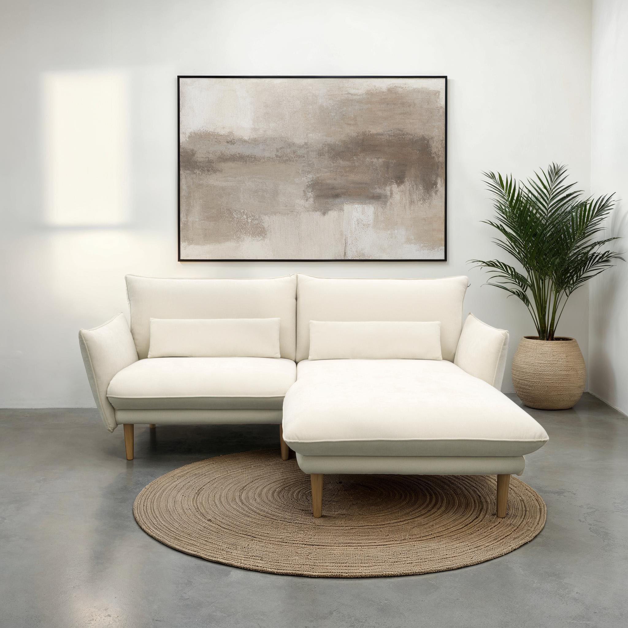 DOMO collection Ecksofa Leuven kompakte Stellmaße, Breite 200 cm, schmale Armlehnen, L-Form, angenehm feste Polsterung, bodenfrei, 19 cm hohe Holzfüße