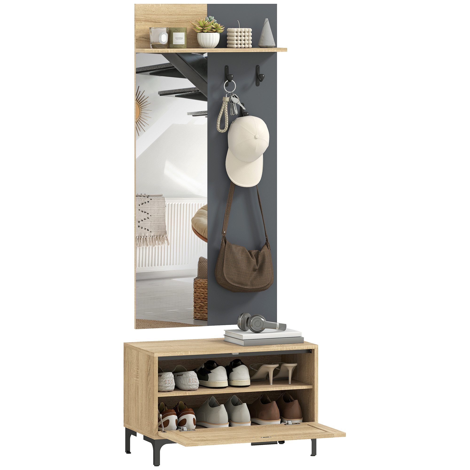 HOMCOM Garderoben-Set Garderobe mit Spiegel, Haken, Schuhbank, Ablage, (Garderobenständer, 2-St., Garderobenset), für den Flur, 60 x 13,5 x 127,5 cm, Naturholz