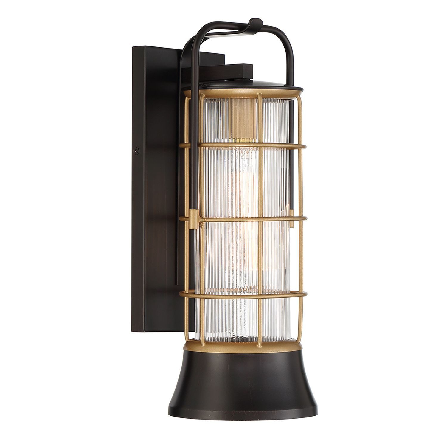 Licht-Erlebnisse Außen-Wandleuchte HADRIC, ohne Leuchtmittel, IP44 41.1 cm hoch aus Metall Riffelglas in Schwarz Gold E27 außen