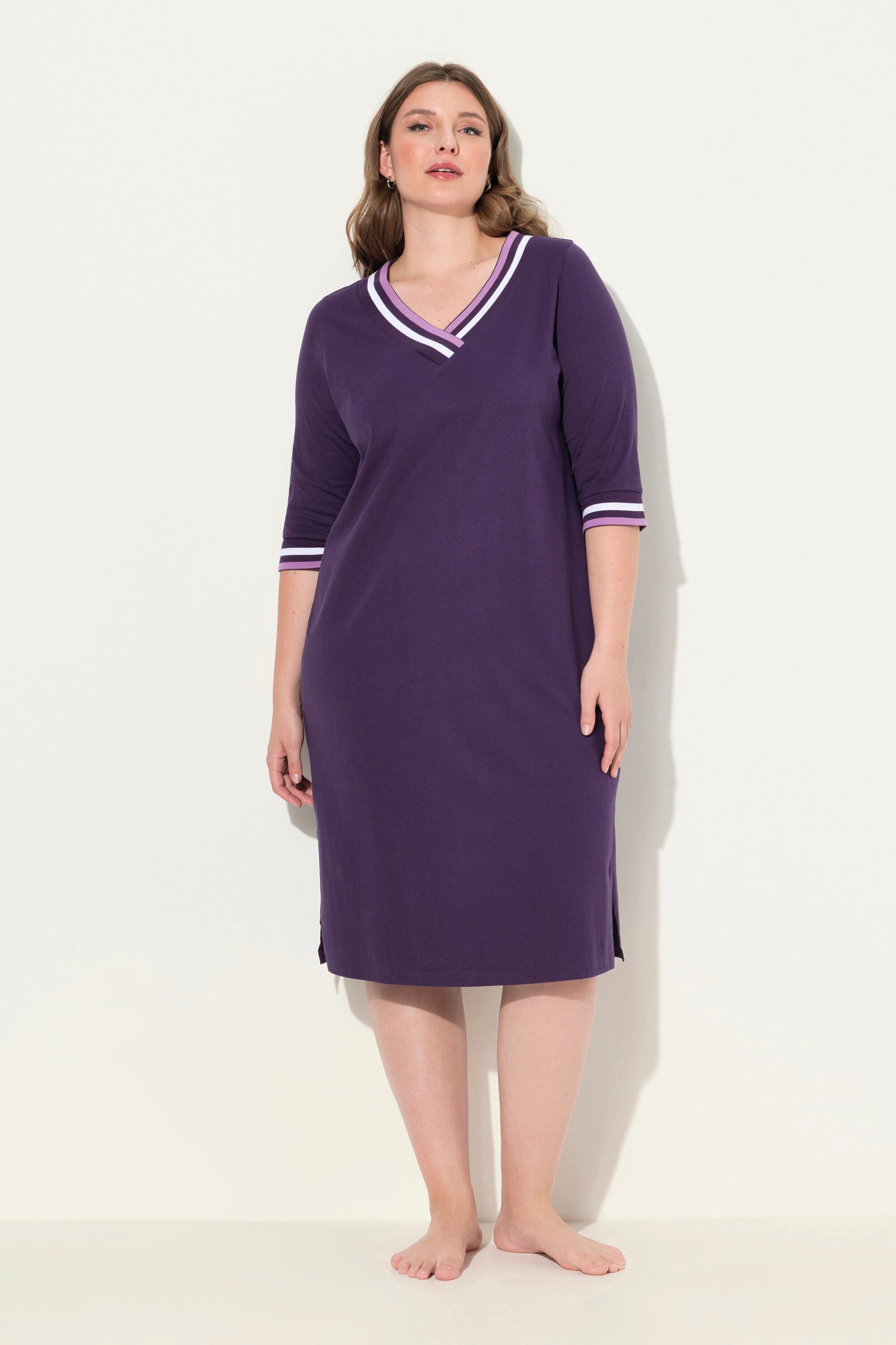 Ulla Popken Bigshirt Nachthemd Streifenkanten V-Ausschnitt 3/4-Arm