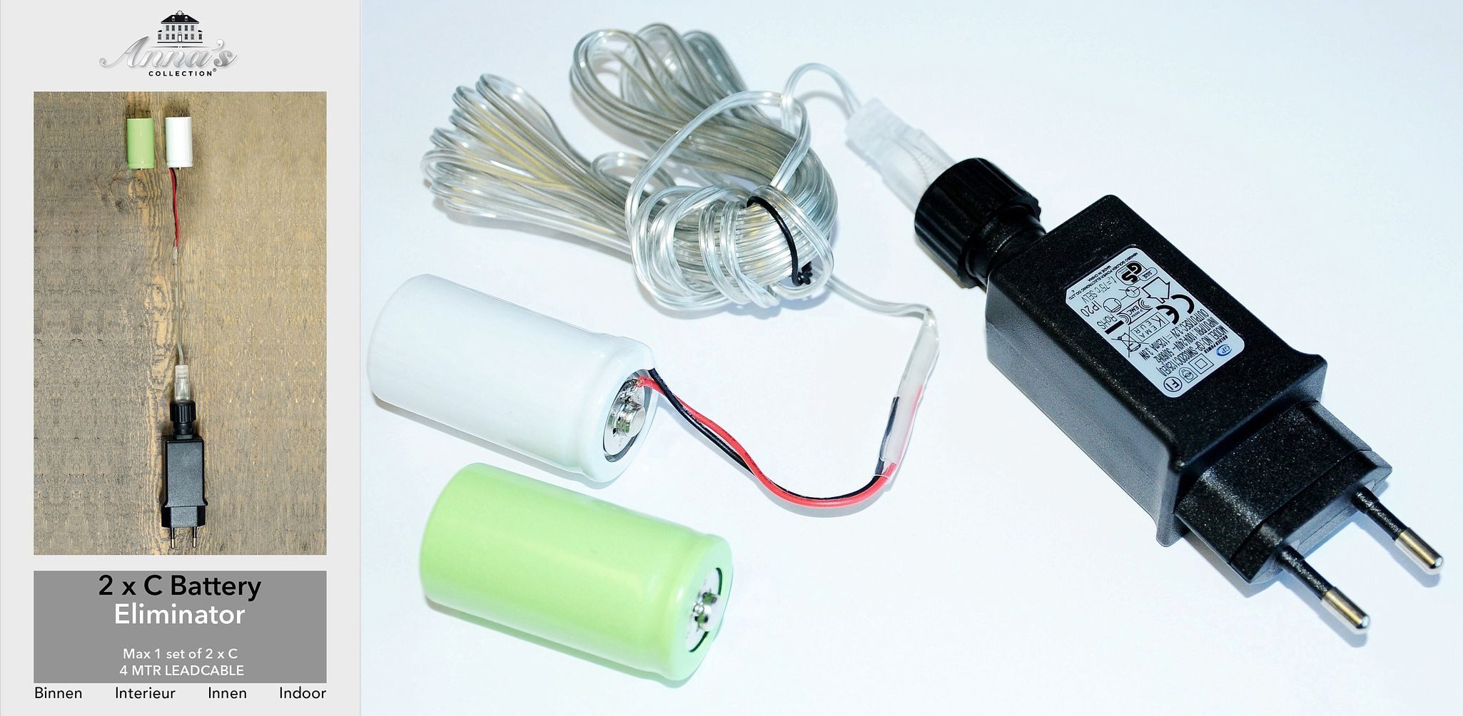 Coen Bakker Deco BV Batterie Netzteil Adapter 2x C Baby LR14 Batterien 3,2V Adapter, 400 cm, für LED-Geräte