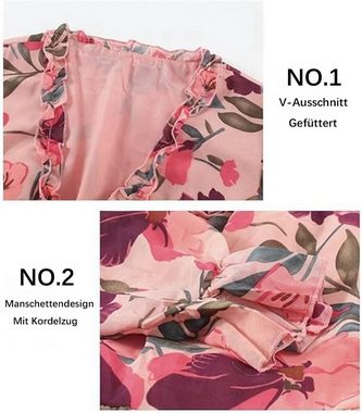 B.X Maxikleid Damen kurz Bedrucktes mit halben Ärmeln Rüschen A-Linie Minikleider Sommer-Boho-Kleid knielang mit V-Ausschnitt und kurzen Ärmeln Taschen