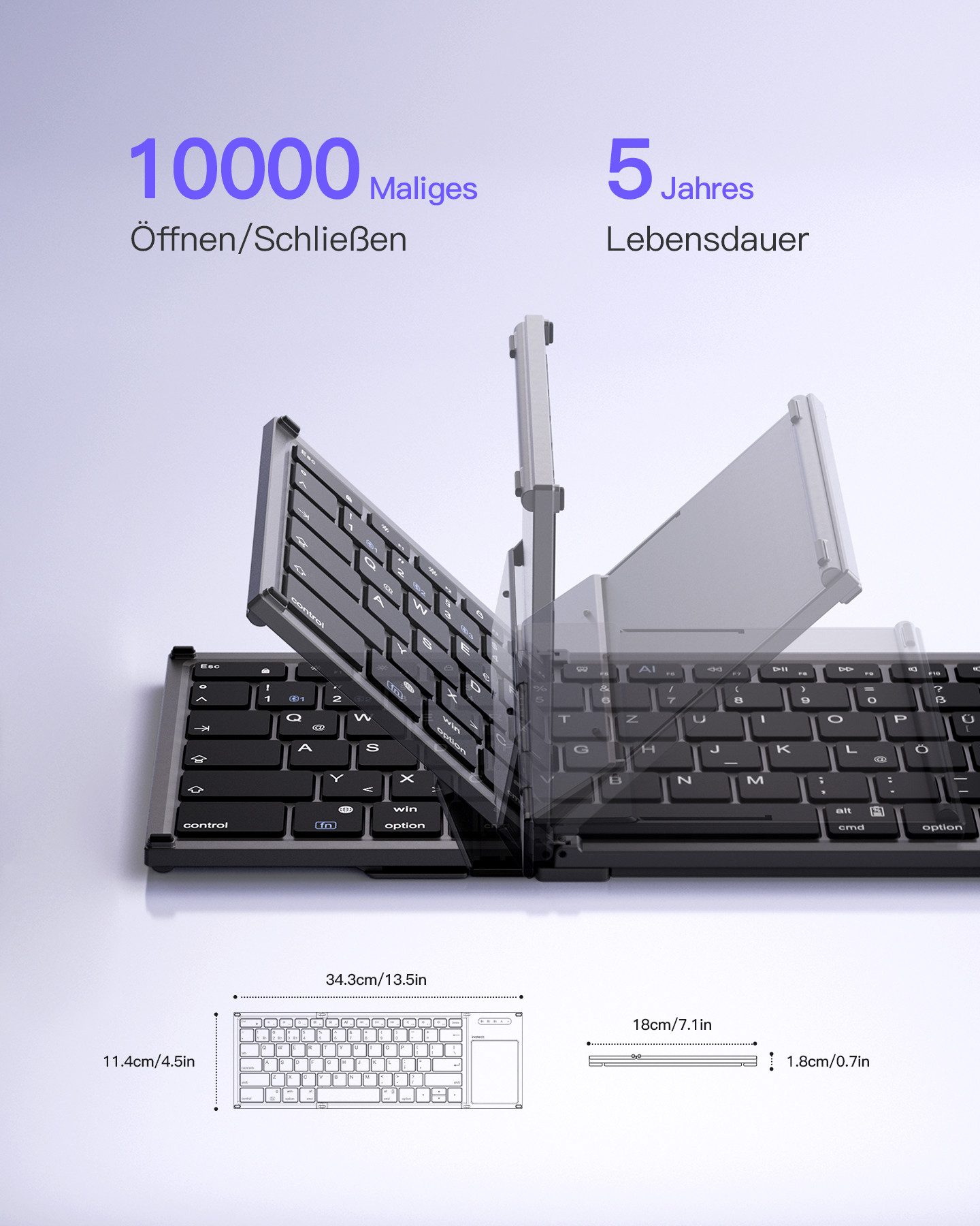 Inateck Bluetooth Mini Faltbare Tastatur, AI-Tastatur mit Touchpad Wireless-Tastatur (mit 3 Bluetooth-Kanälen)