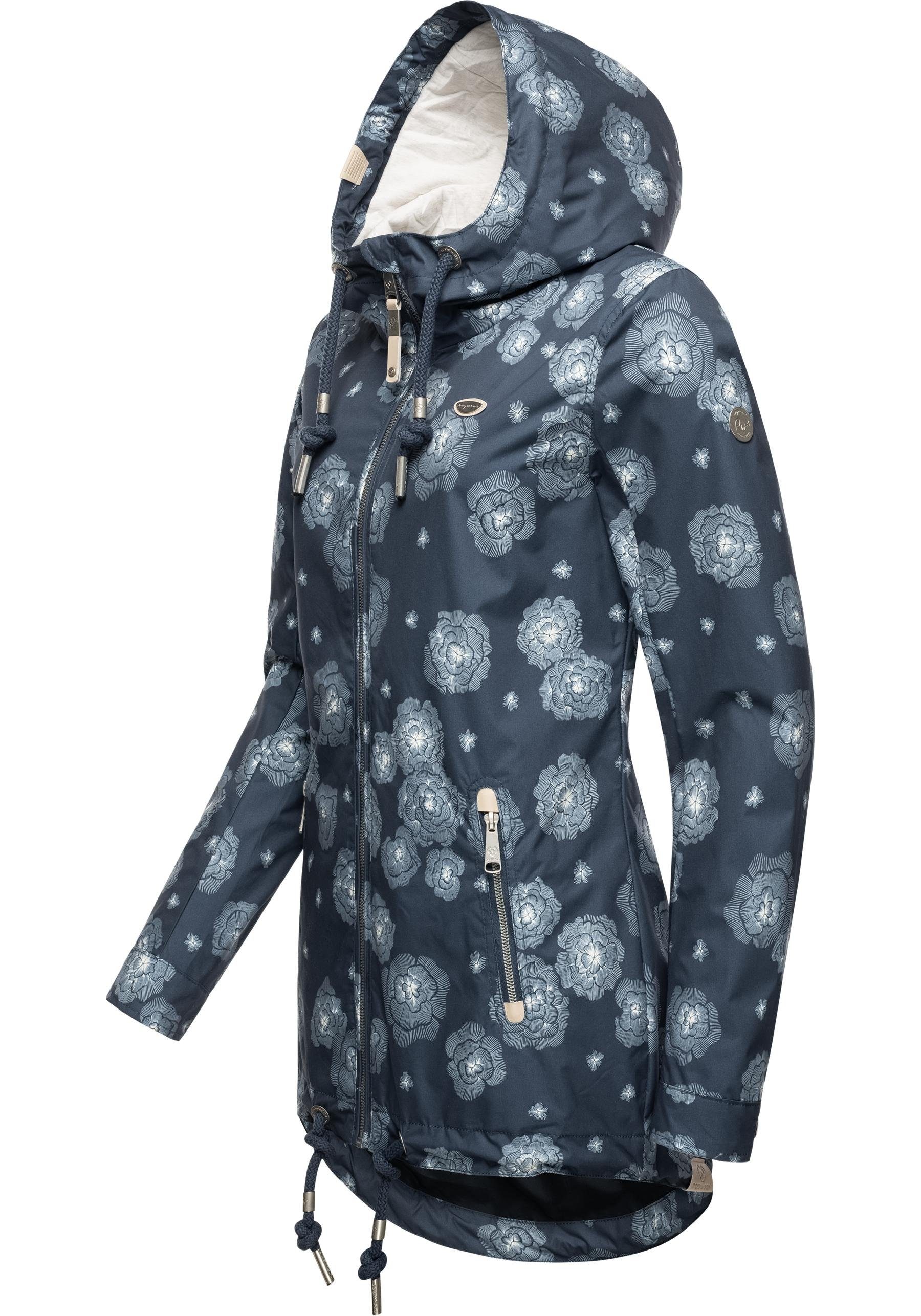 stylische Kapuze Ragwear großer Zuzka Flower indigo Übergangsjacke mit Outdoorjacke