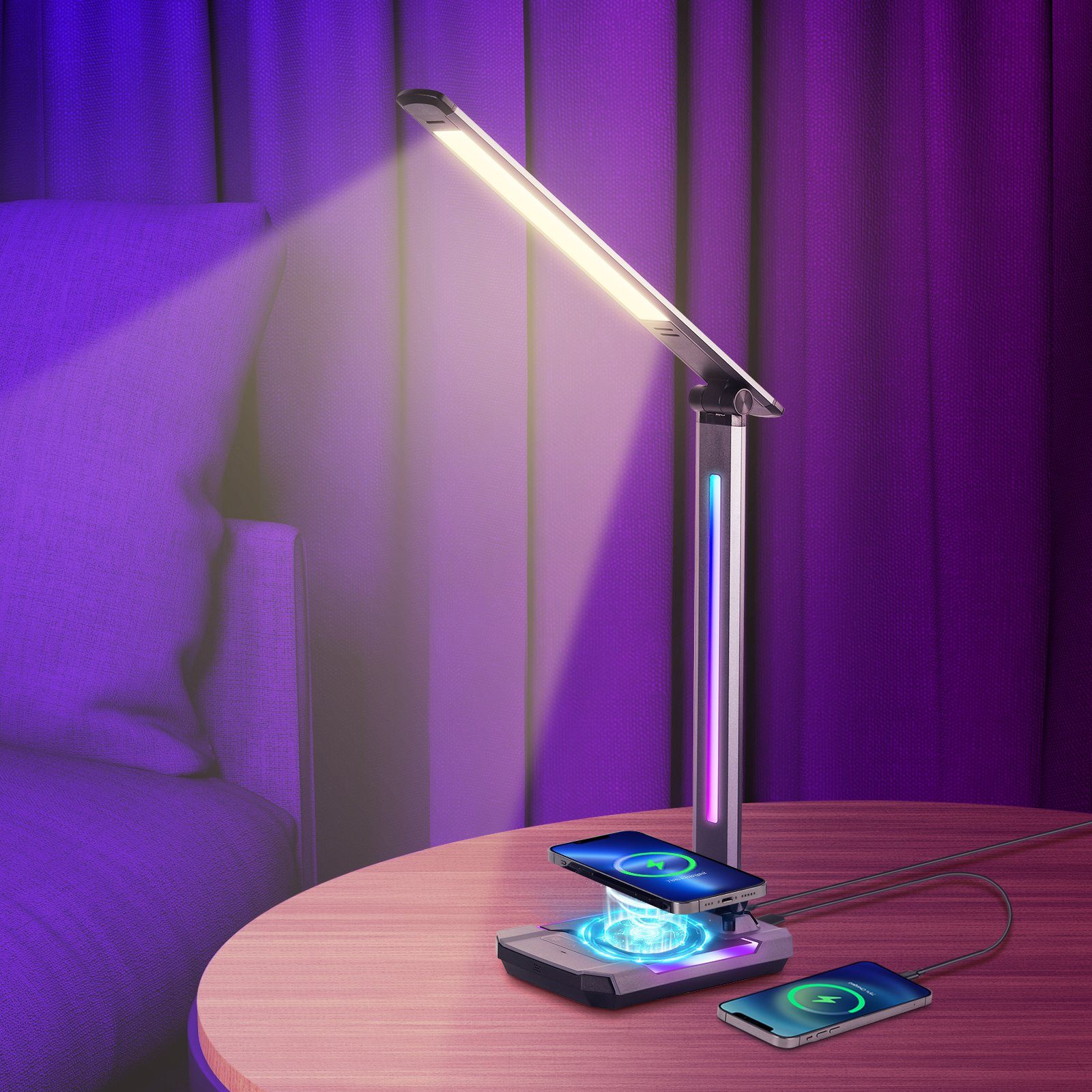 WILIT LED Tischleuchte Schreibtischlampe Dimmerbar Tischlampe mit RGB Gaming  Ambient Lampe, LED fest integriert, Warmweiß, Kaltweiß, Nachttischlampe mit  Kabelloser Ladefunktion und USB-Ladefunktion