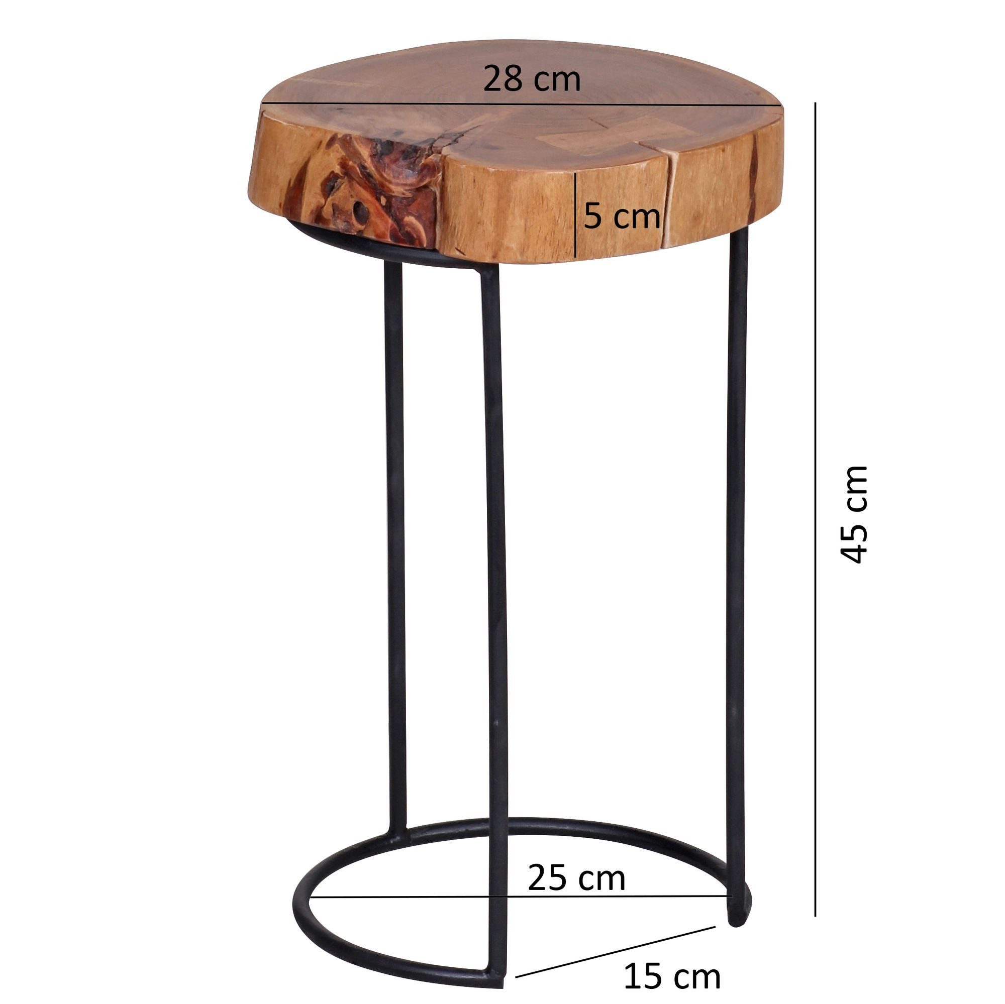FINEBUY Beistelltisch SuVa2504_1 Massivholz Wohnzimmertisch Metallbeine Landhaus (Sofatisch, Kleiner Wohnzimmertisch mit Baumkante), Akazie Massivholz Baumscheibe 28x28x45 cm Modern