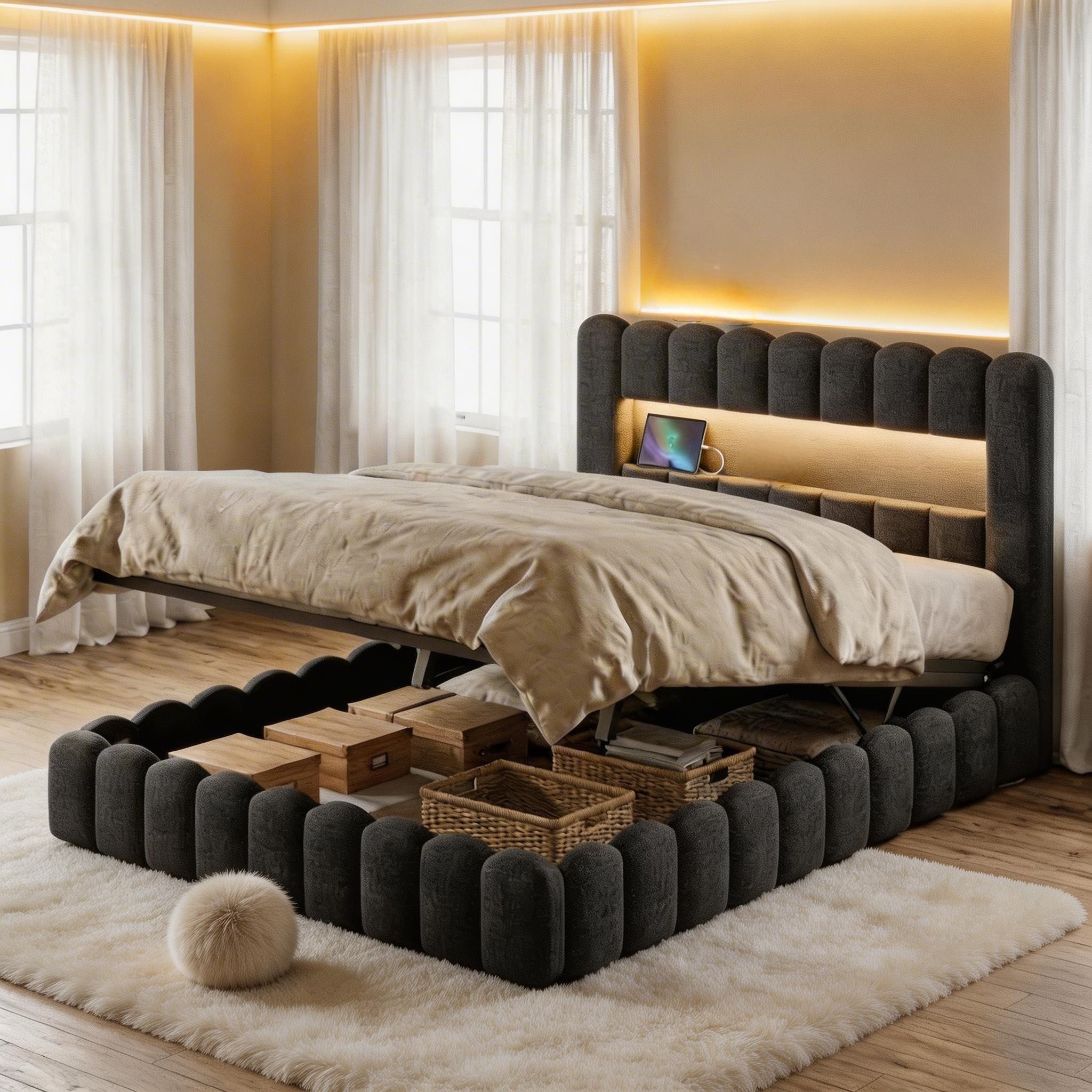 PXloue Polsterbett Doppelbett Jugendbett (ohne Matratze), Stauraumbett, Bettkasten, LED-Beleuchtung, USB-Anschluss, 140x200 cm