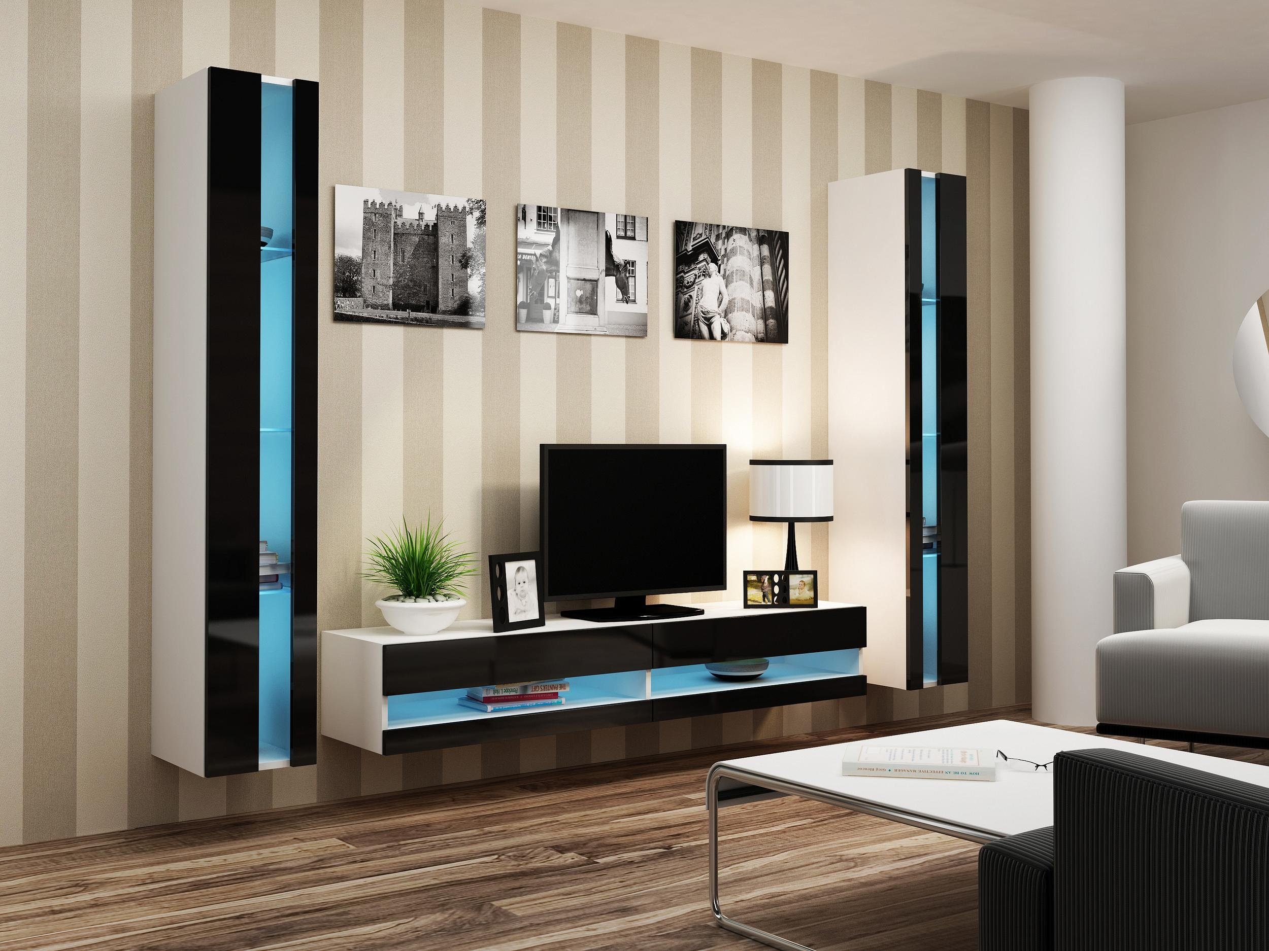 Stylefy Wohnwand Vago N III, (Set (3-St), Wohnmöbel, Wohnzimmer-Set), bestehend aus 1xLowboard und 2xHängevitrine, Glaselemente, mit Push-to-Open, inkl. LED-Beleuchtung Weiß/Schwarz