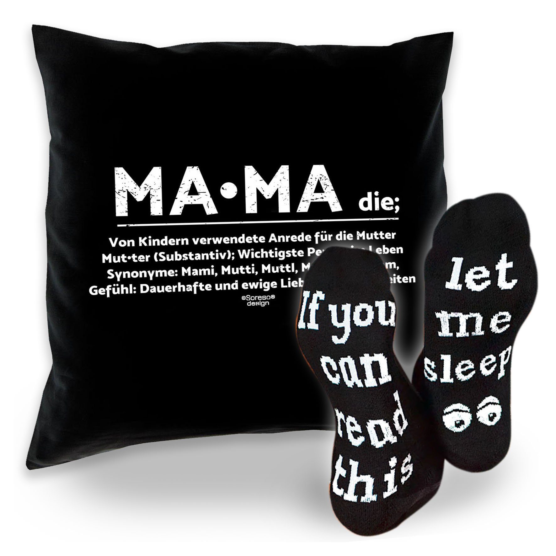 Soreso® Dekokissen Kissen Mama & Sprüche Socken Sleep, Geschenke für Mütter Geschenkidee schwarz