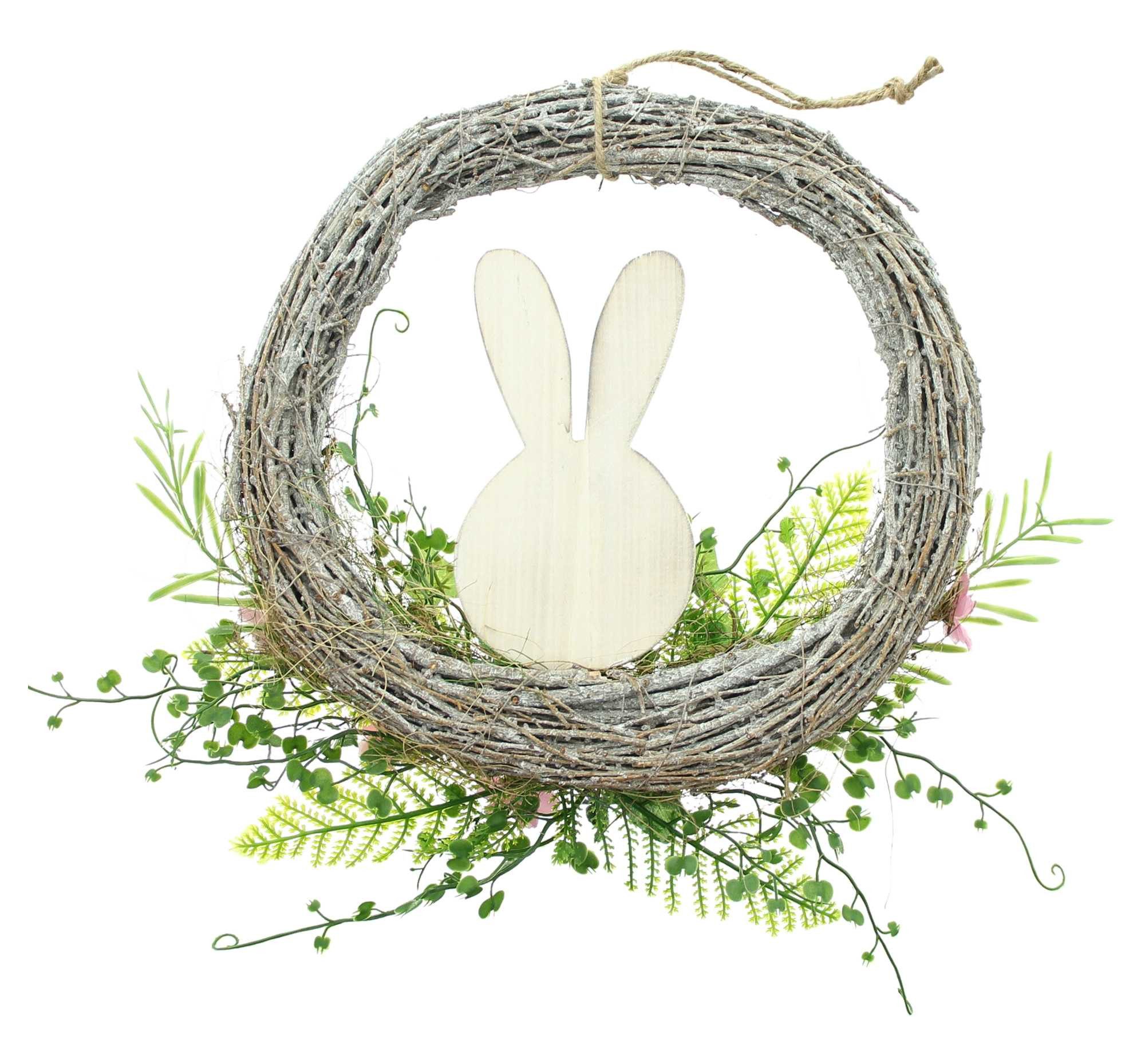 Dekoleidenschaft Osterkranz "Holzhäschen" Ø 31 cm aus Reisig, Dekokranz, Türkranz, Wandkranz, rustikaler Frühlingskranz mit Ostereiern, Blüten & Pflanzen