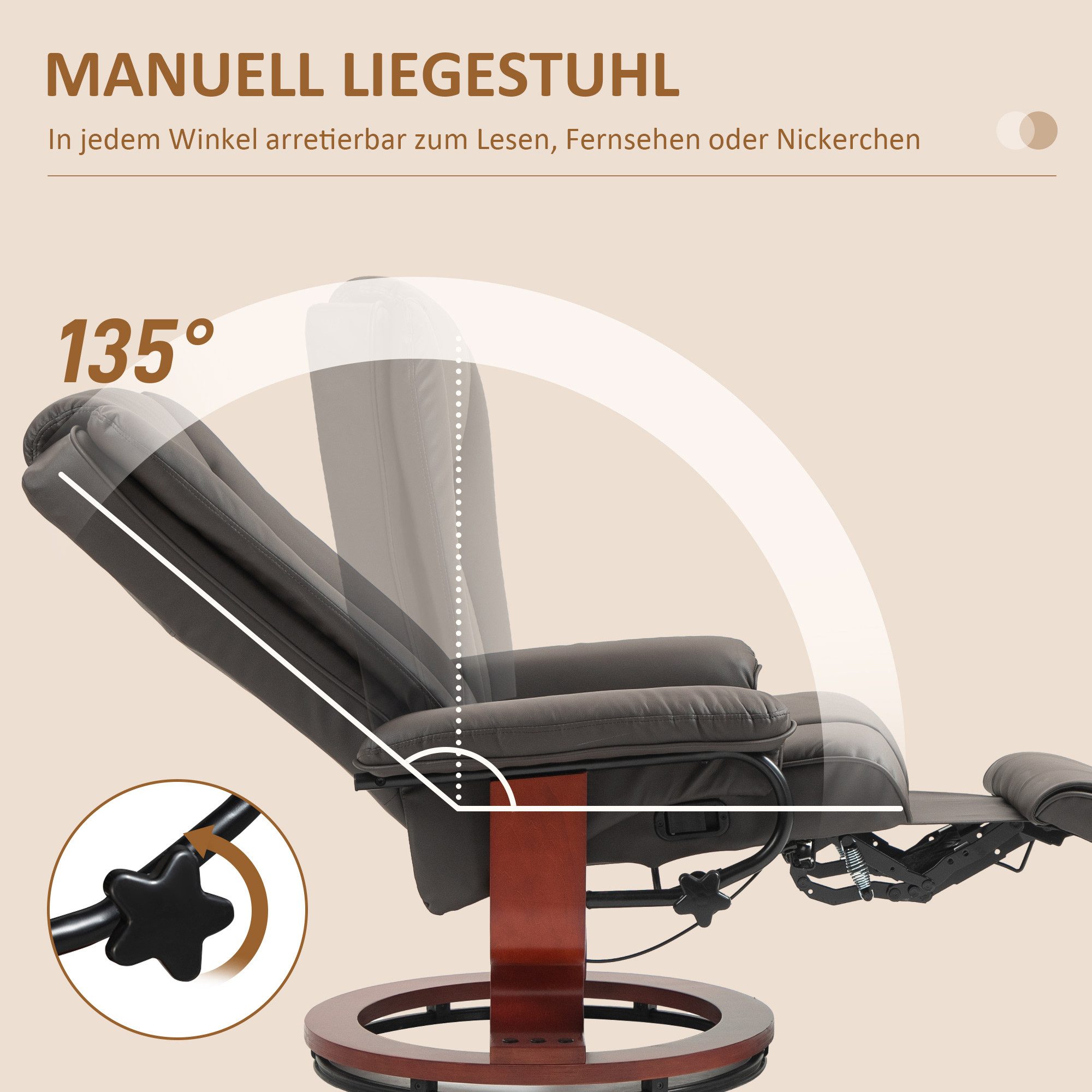 HOMCOM Relaxsessel Fernsehsessel mit Liegefunktion, Drehbarer Ruhesessel TV-Sessel mit Verstellbarer Rückenlehne Liegesessel bis 150 kg Belastbar, Kunstleder, B – Bild 4 von 5